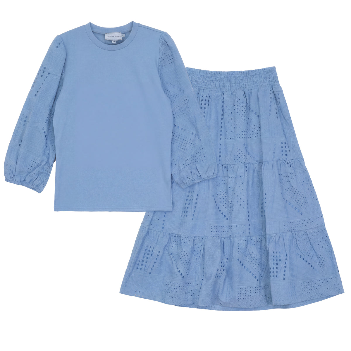Embroidered Sleeve Top and Tiered Skirt Set in Blue by Joie De Vivre