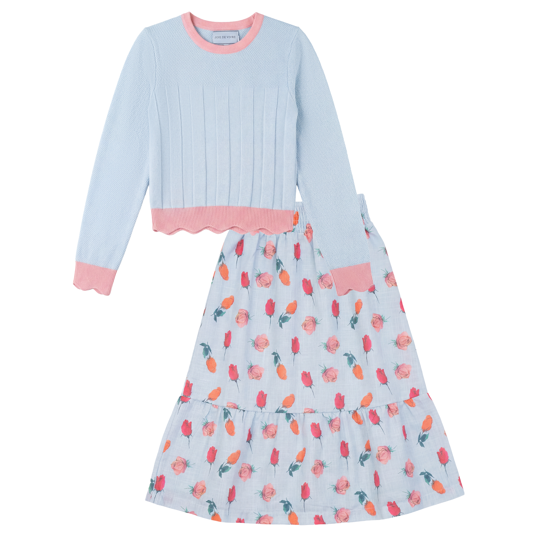 Floral Skirt and Long Sleeve Knit Top Set in Blue by Joie De Vivre