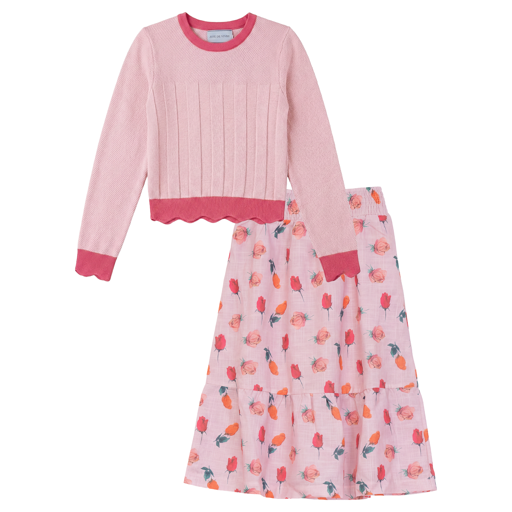 Floral Skirt and Long Sleeve Knit Top Set in Pink by Joie De Vivre