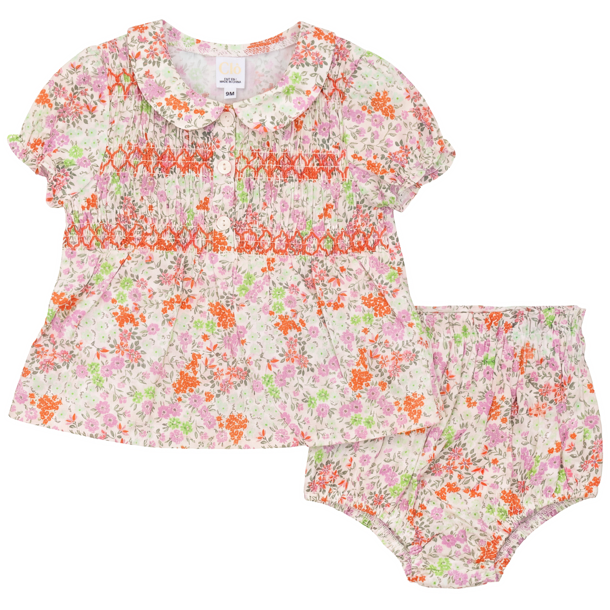 Multi Flower Print Baby Set With Front Smocking in Lilac by Clô