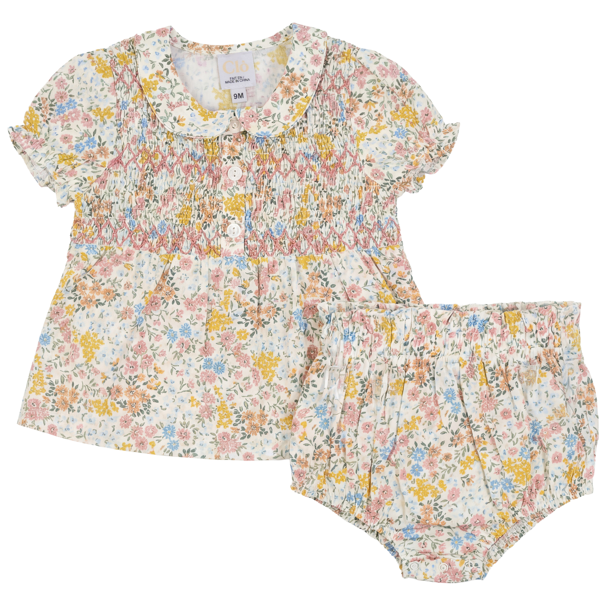 Multi Flower Print Baby Set With Front Smocking in Pink by Clô