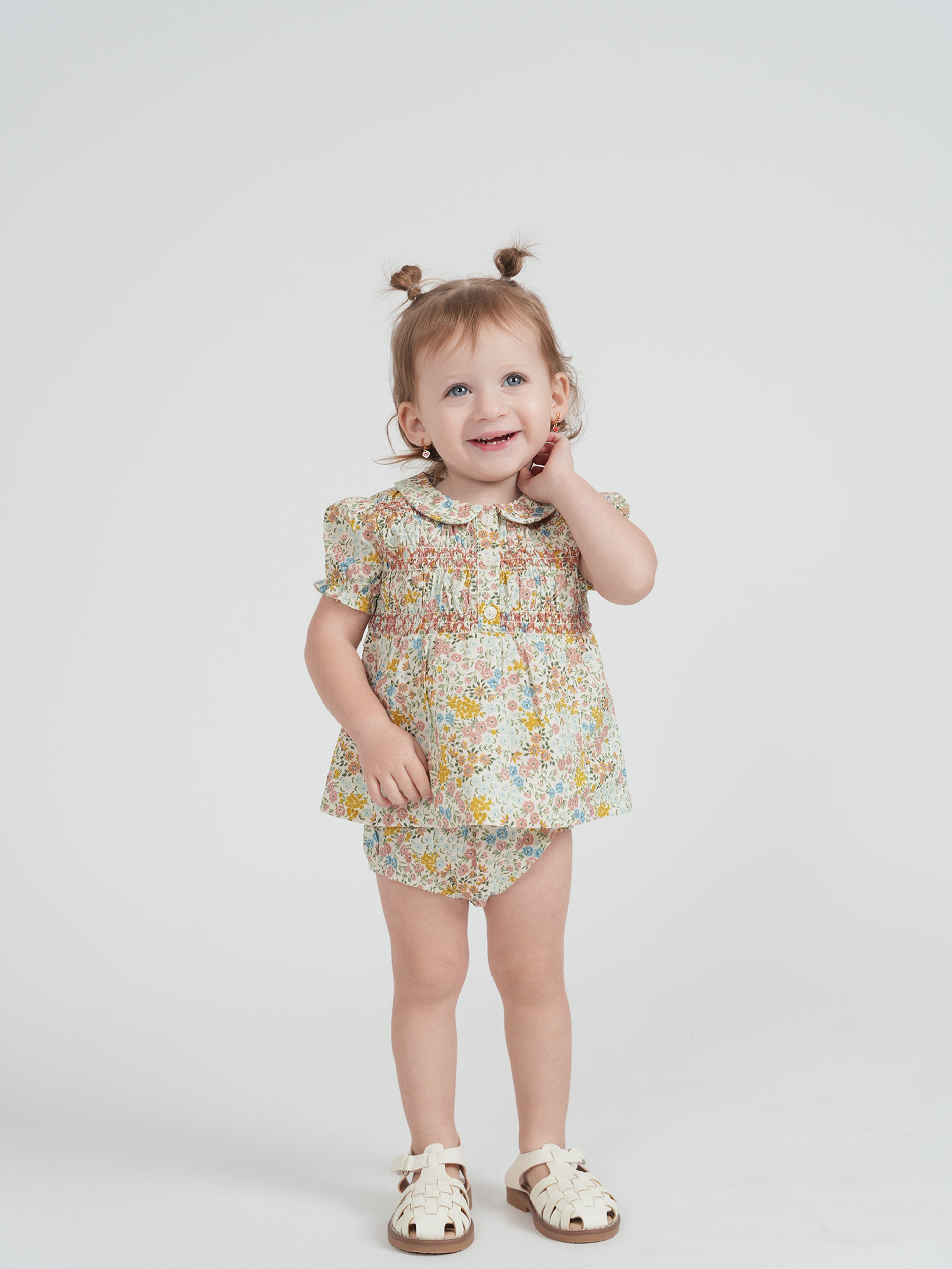 Multi Flower Print Baby Set With Front Smocking in by Clô