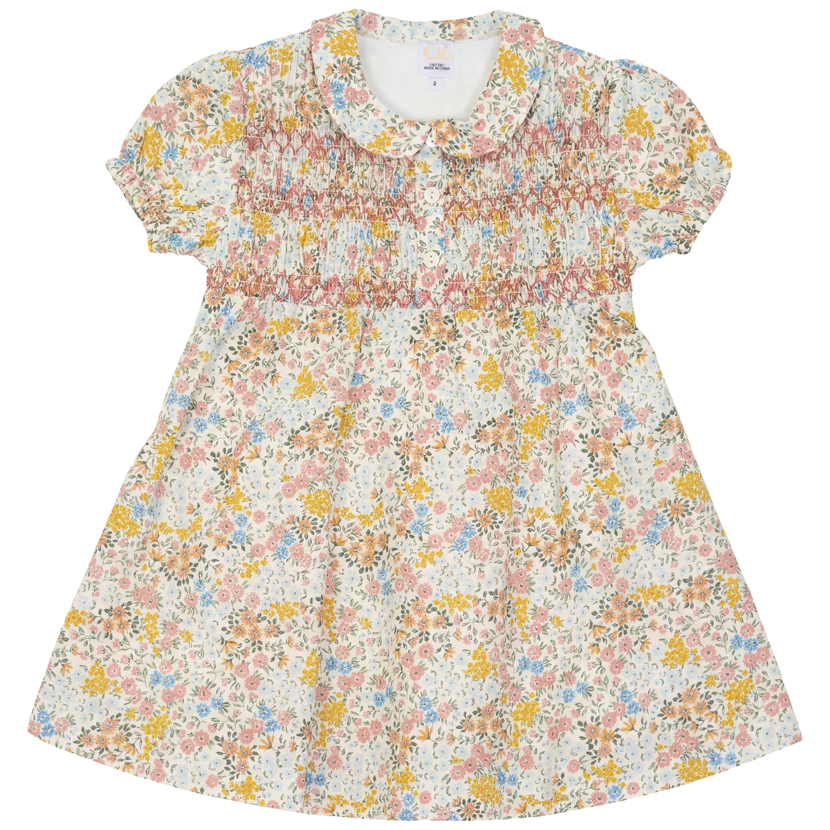 Multi Flower Print Girls Dress With Front Smocking in Pink by Clô