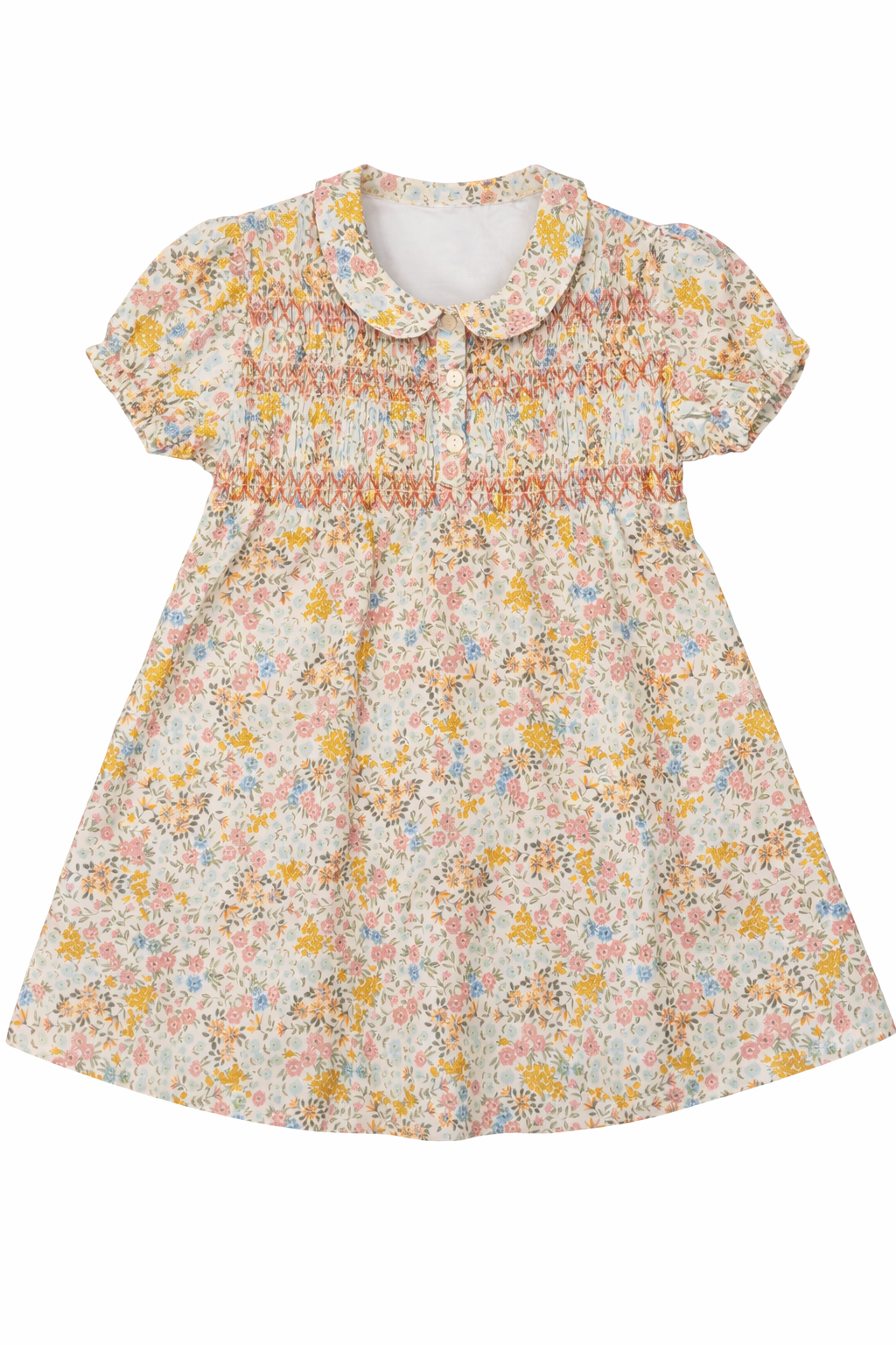 Multi Flower Print Girls Dress With Front Smocking in Pink by Clô