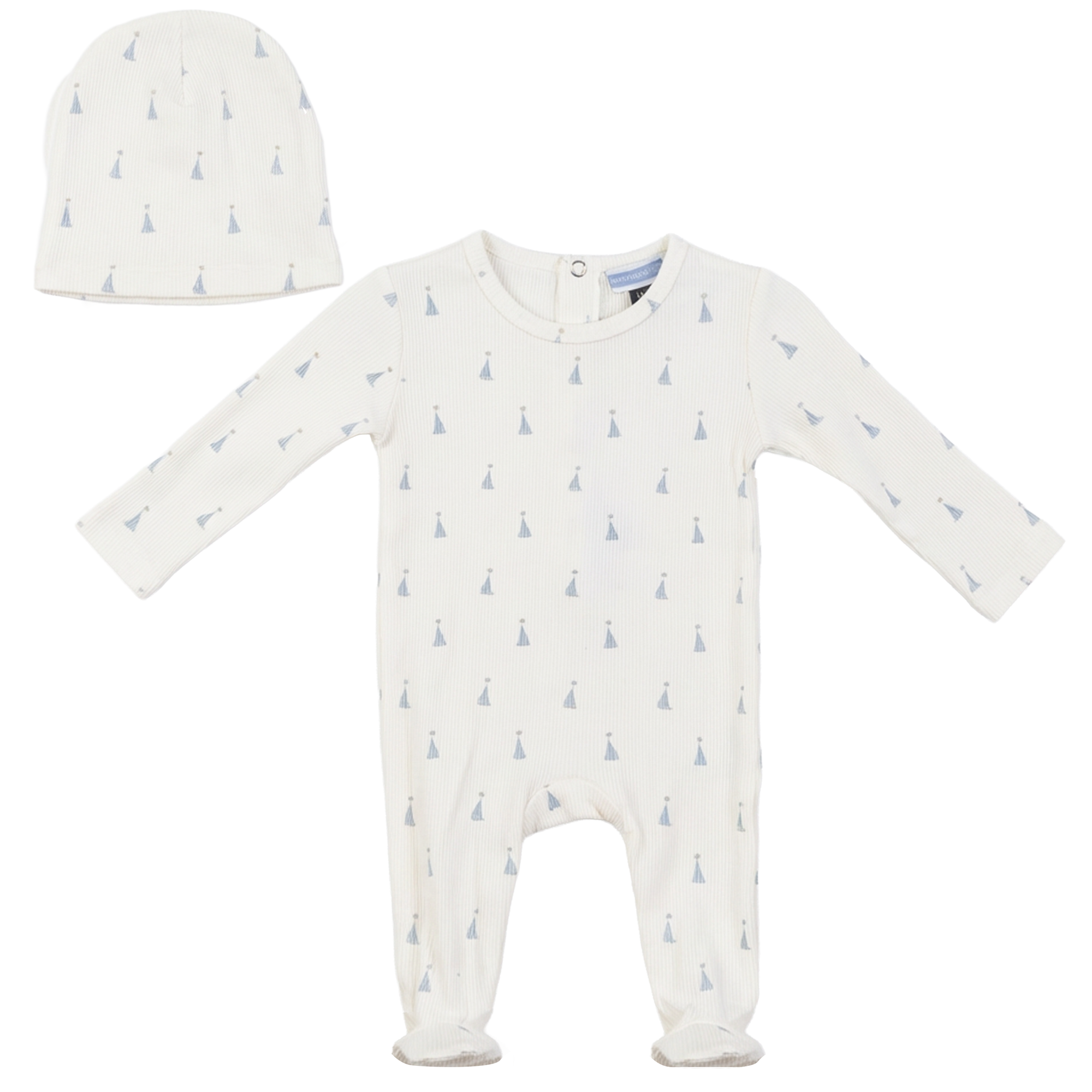 Bow/Sail Boat Print Onesie and Hat in Off White Blue by Whipped Cocoa