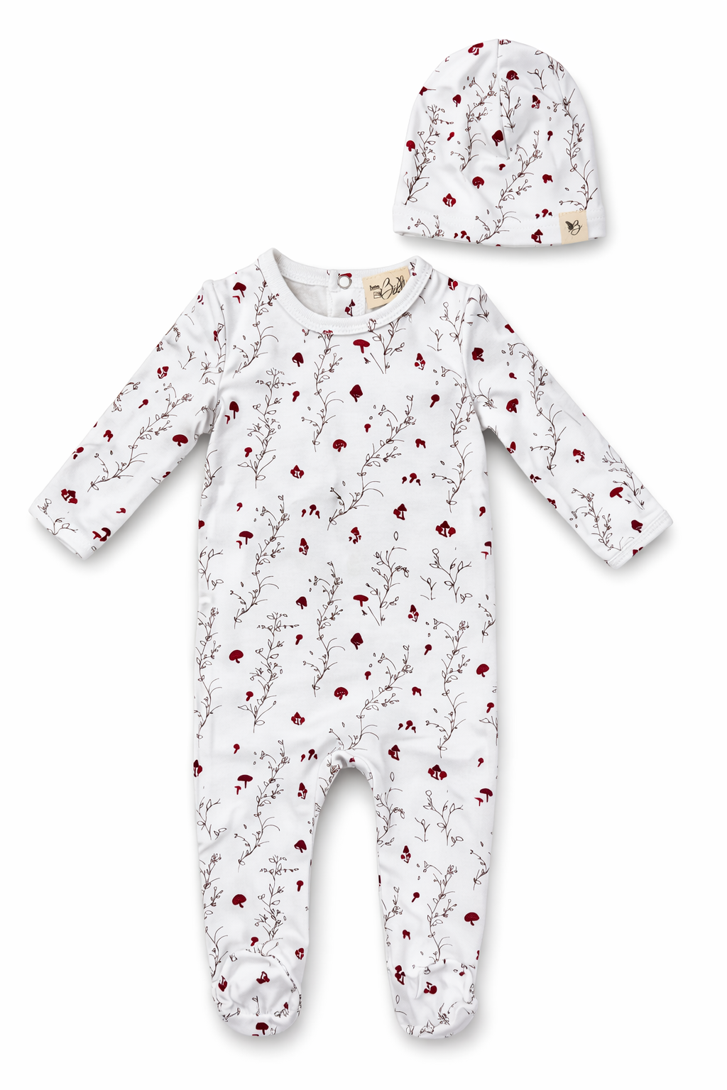 All Over Floral and Mushroom Print Onesie With Hat in White Mushroom by Bebe Bella