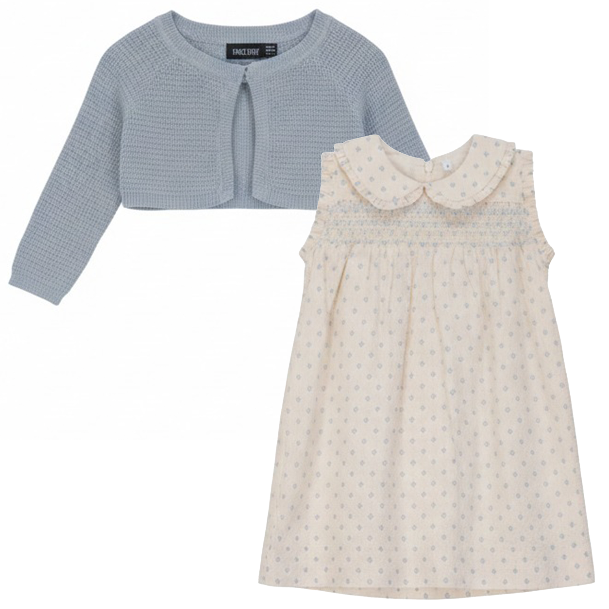 Printed Gauze Shoulder Ruffle Dress With Cardigan Set in Cream Blue by Space Grey