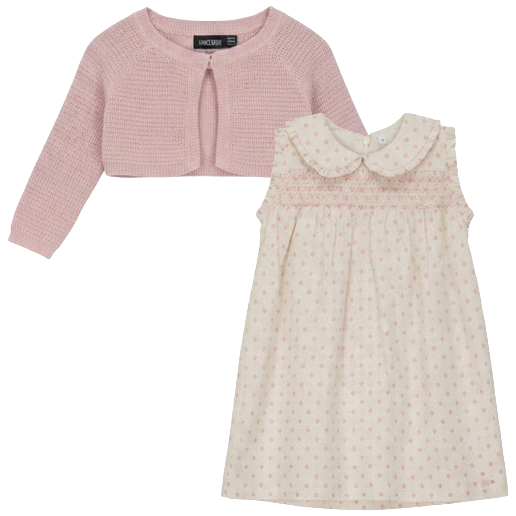 Printed Gauze Shoulder Ruffle Dress With Cardigan Set in Cream Pink by Space Grey