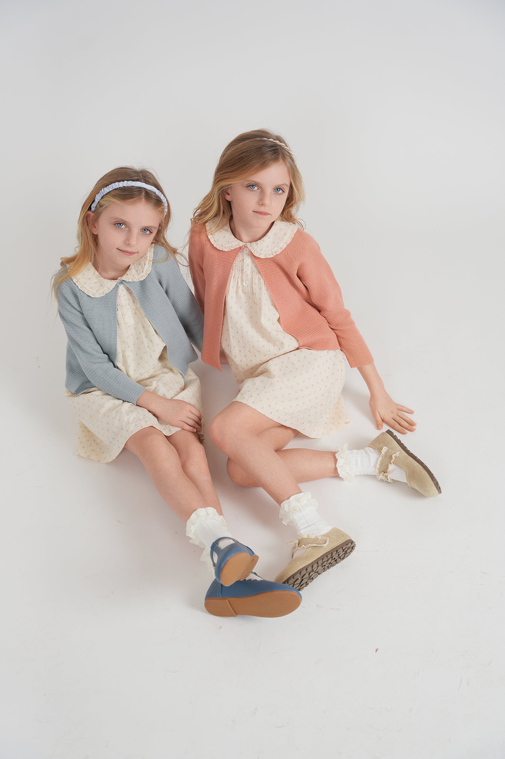 Printed Gauze Shoulder Ruffle Dress With Cardigan Set