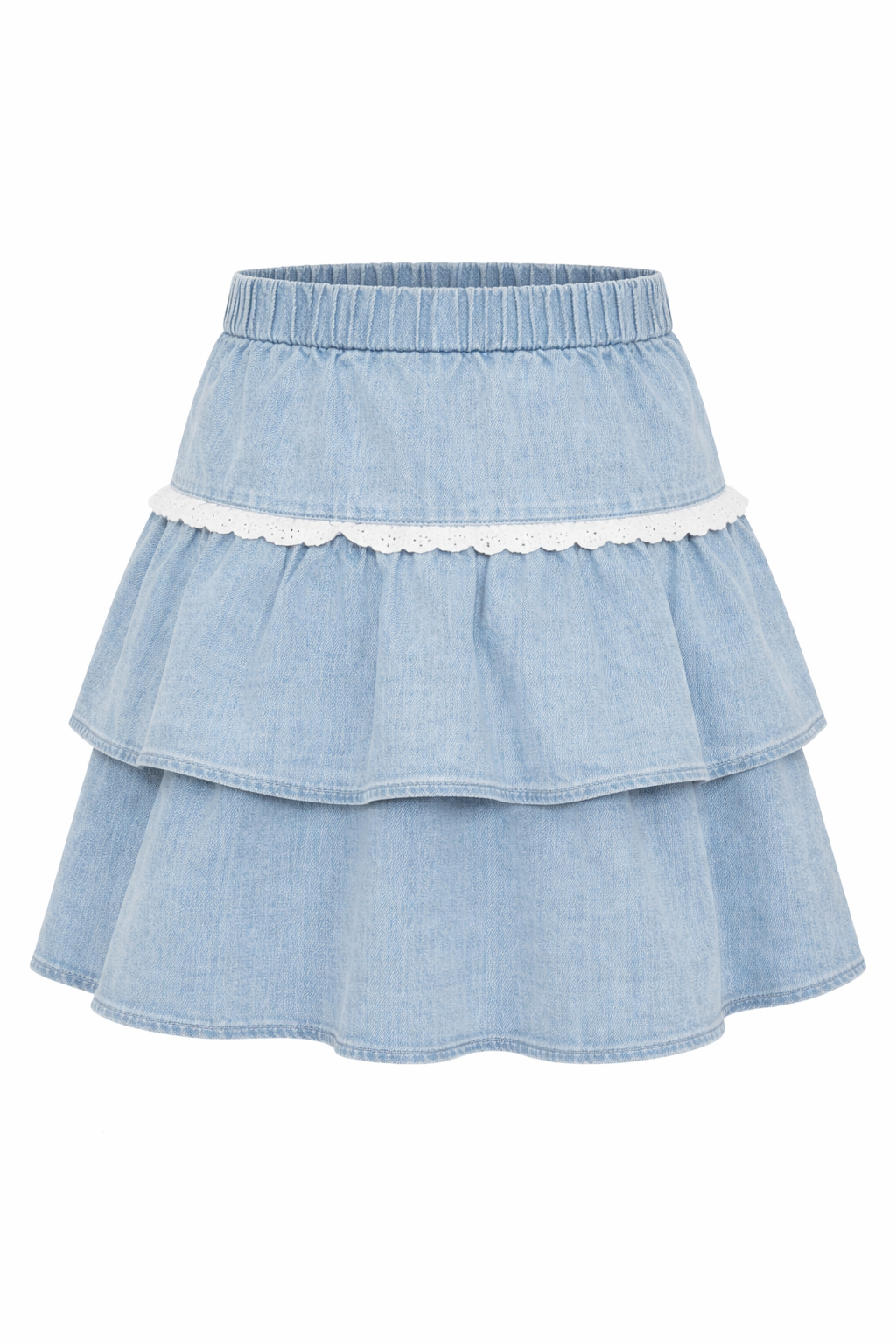 Denim Cotton Tiered Skirt in Light Denim by Jolie Capri