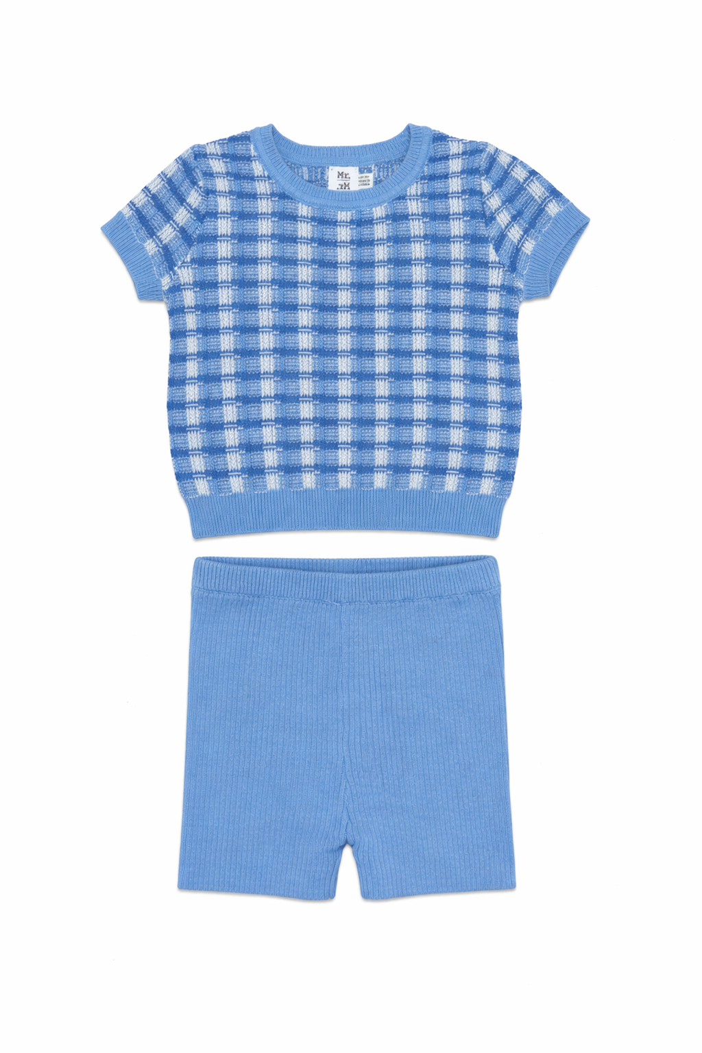 Basket Weave Short Sleeve Knit Sweater & Rib Short Set in Light Blue by Mr. Mr.