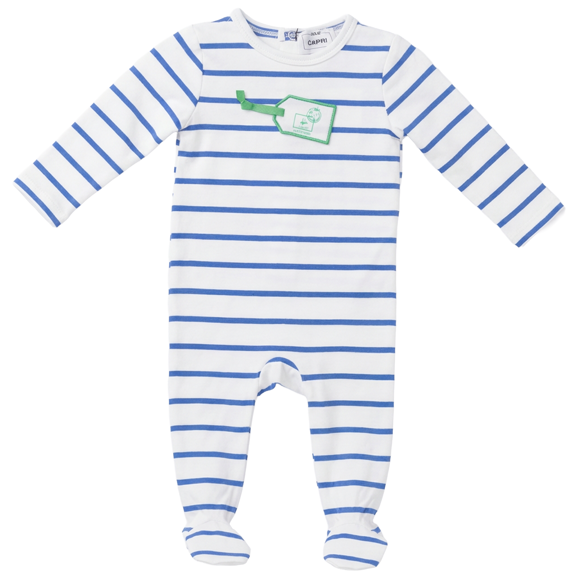 Striped Tag Applique Onesie in White Blue Green by Jolie Capri