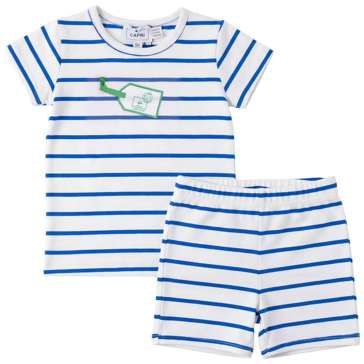 Striped Tag Applique Shorts Set in White Blue Green by Jolie Capri