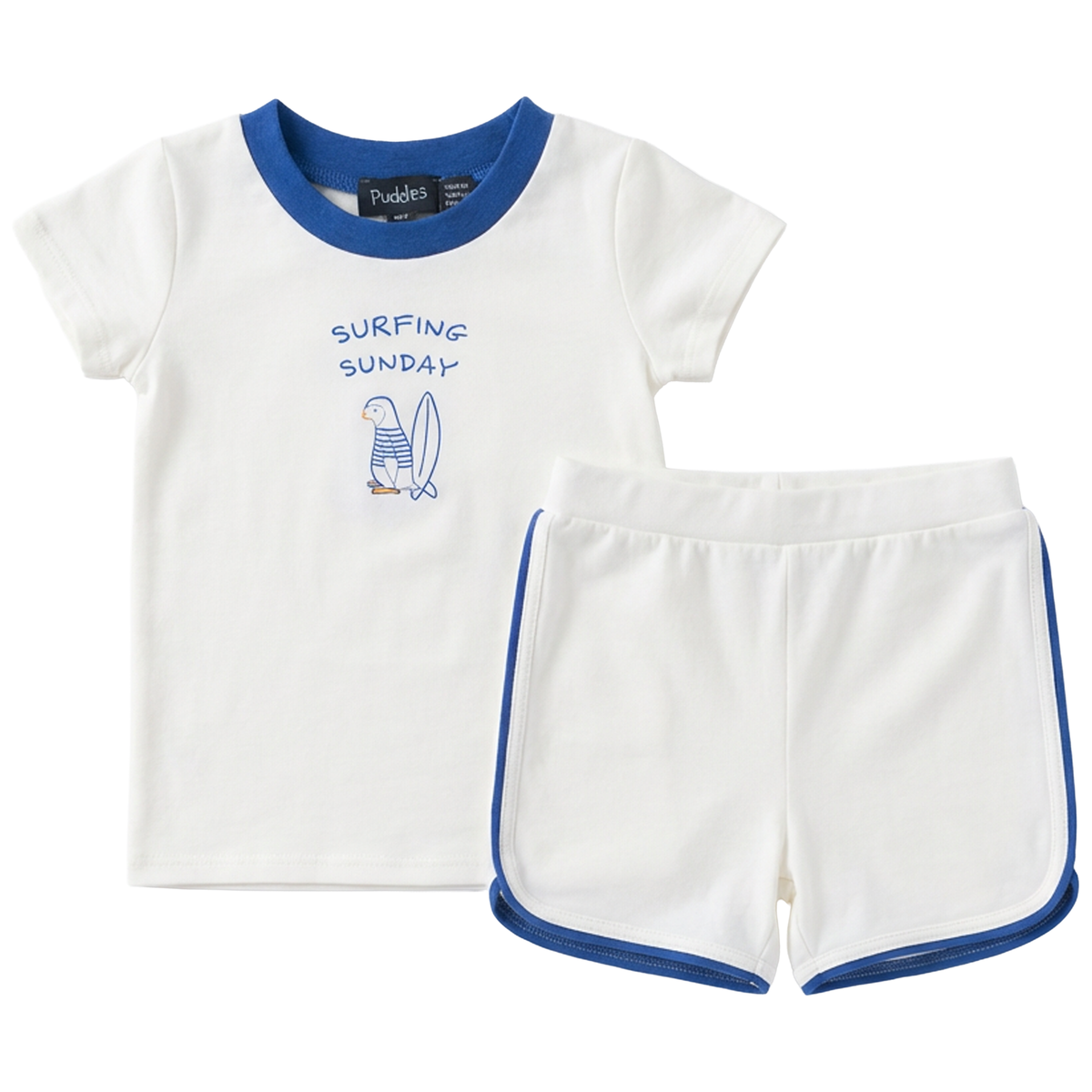 Surfing Sunday Penguin Set in Off White Blue by Puddles