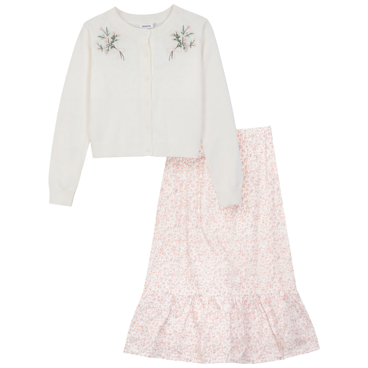 Floral Skirt Cardigan Set in Cream Pink by Imagine