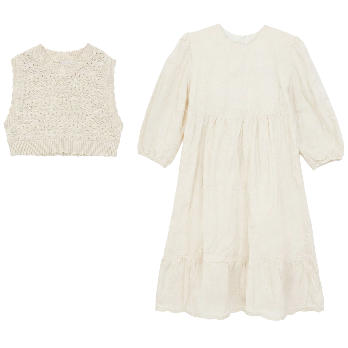 Embroiderered Cotton Dress Set in Ivory by Imagine