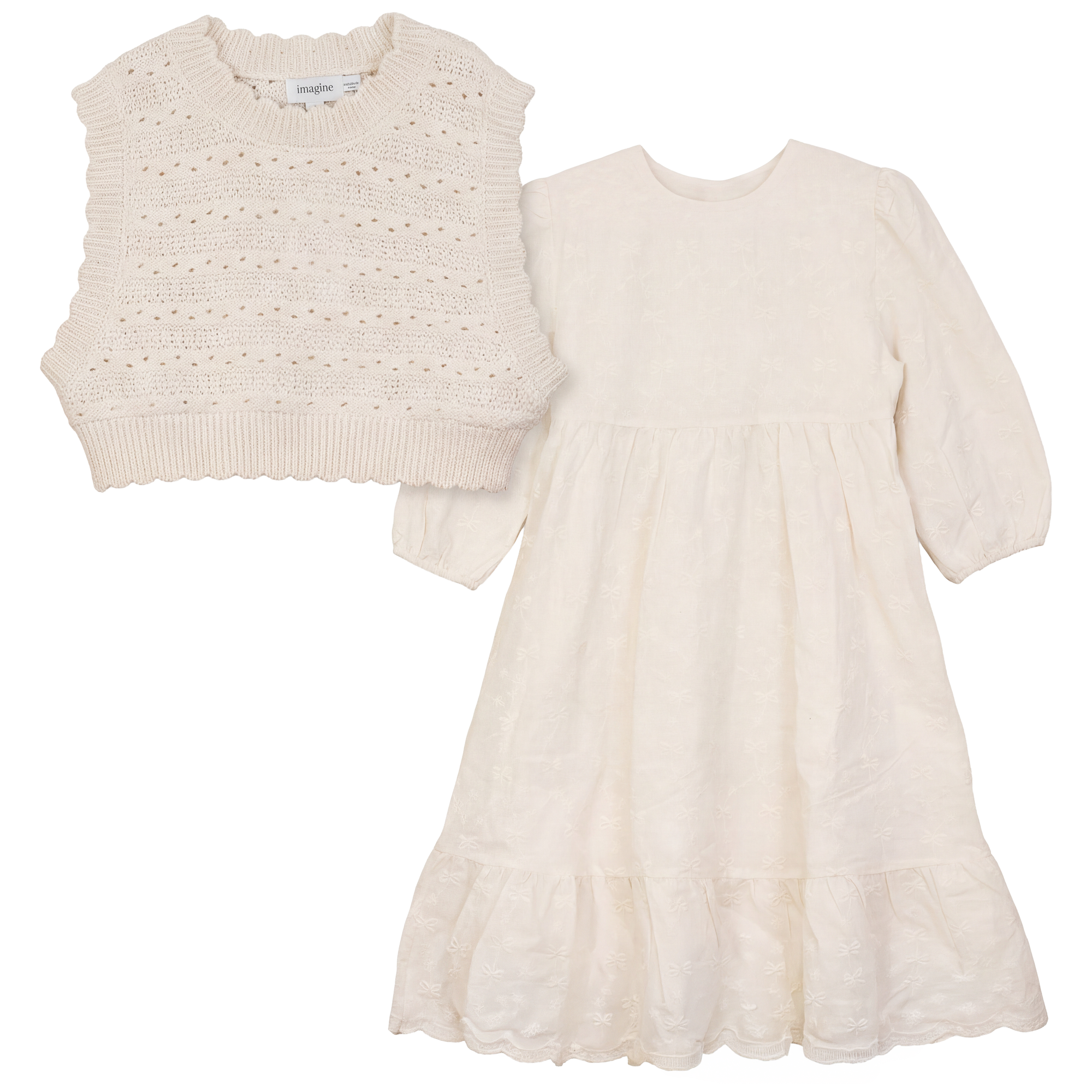 Embroiderered Cotton Dress Set in Ivory by Imagine