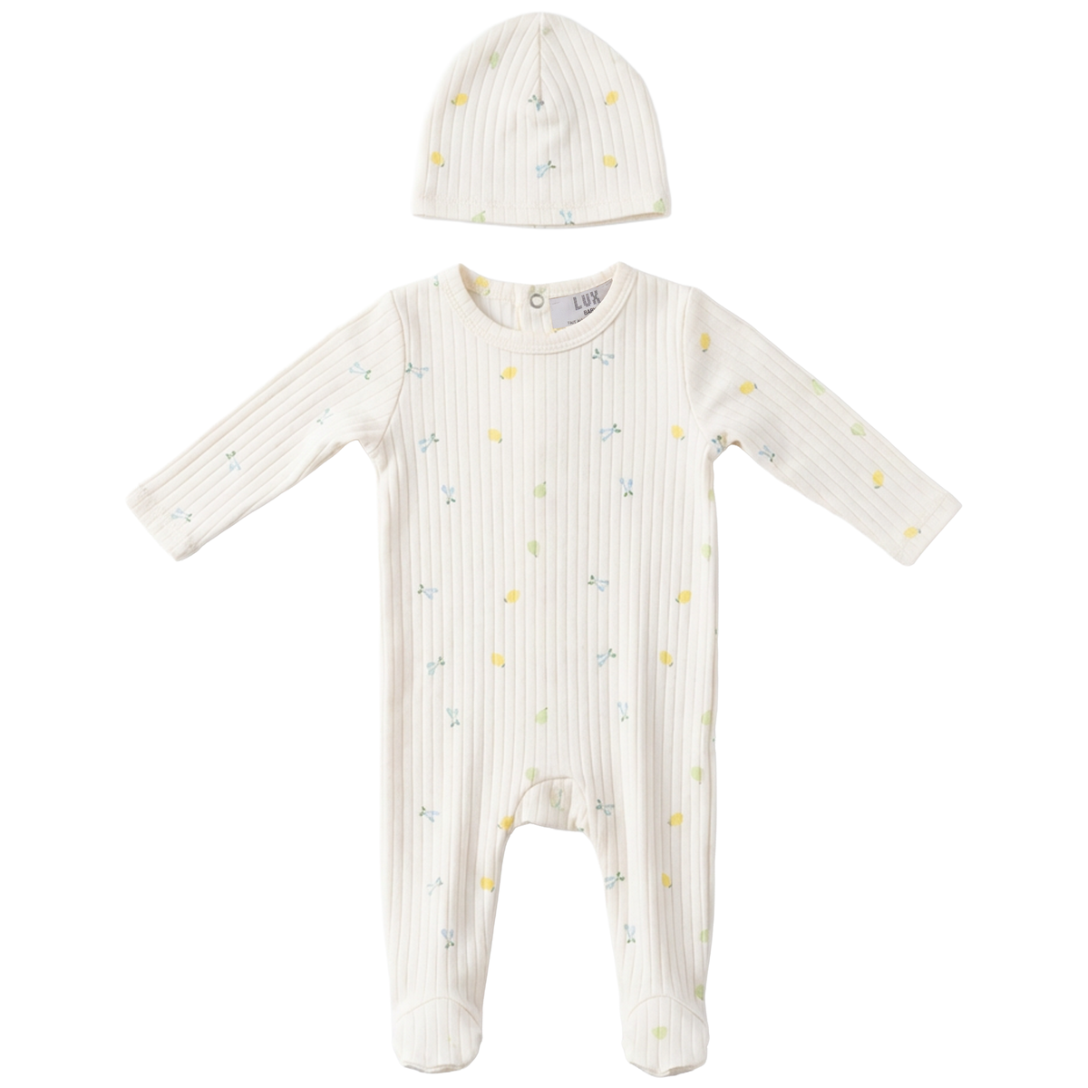 Fruit Print Pointelle Onesie in Off White Blue by Lux Baby