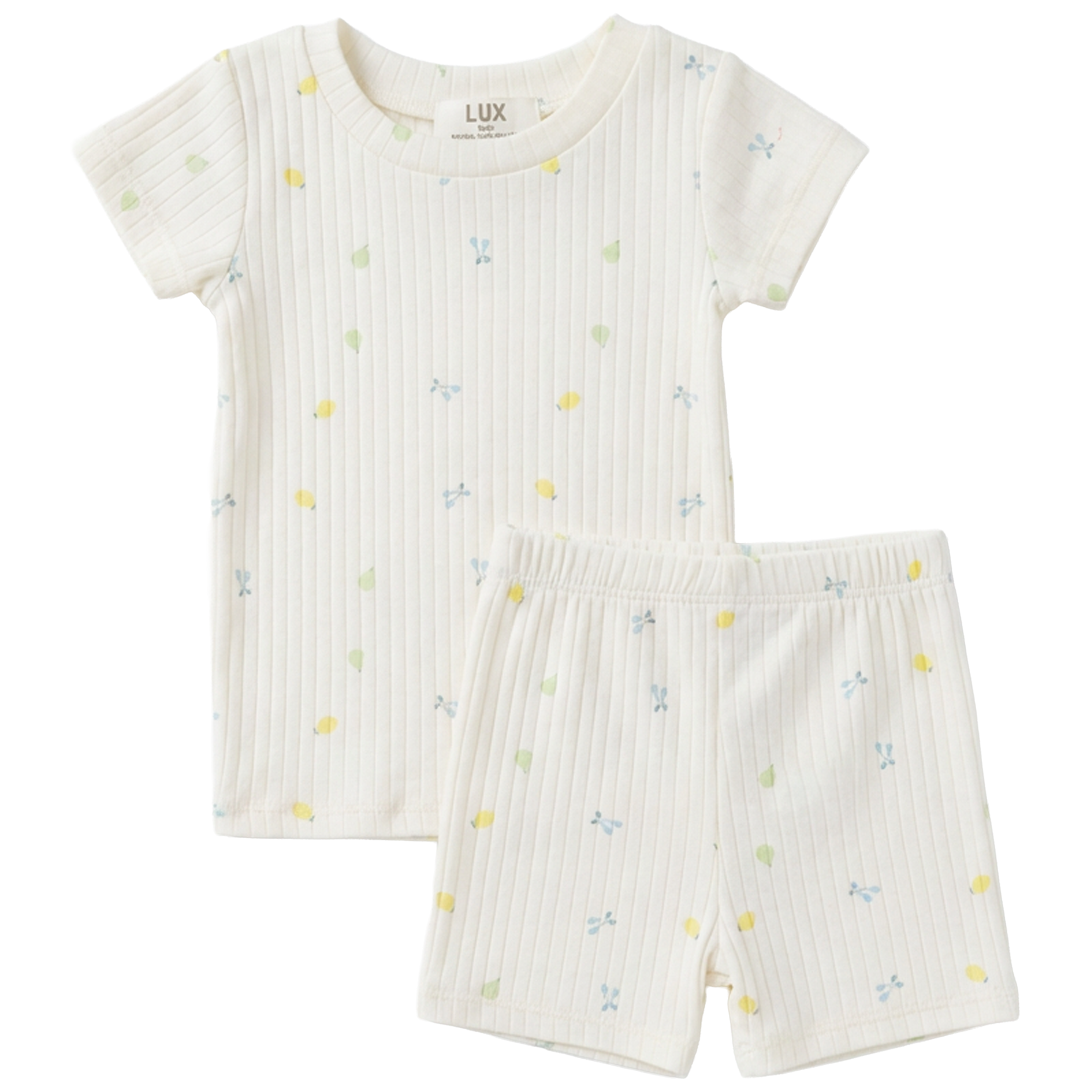 Fruit Print Pointelle Shorts Set in Off White Blue by Lux Baby