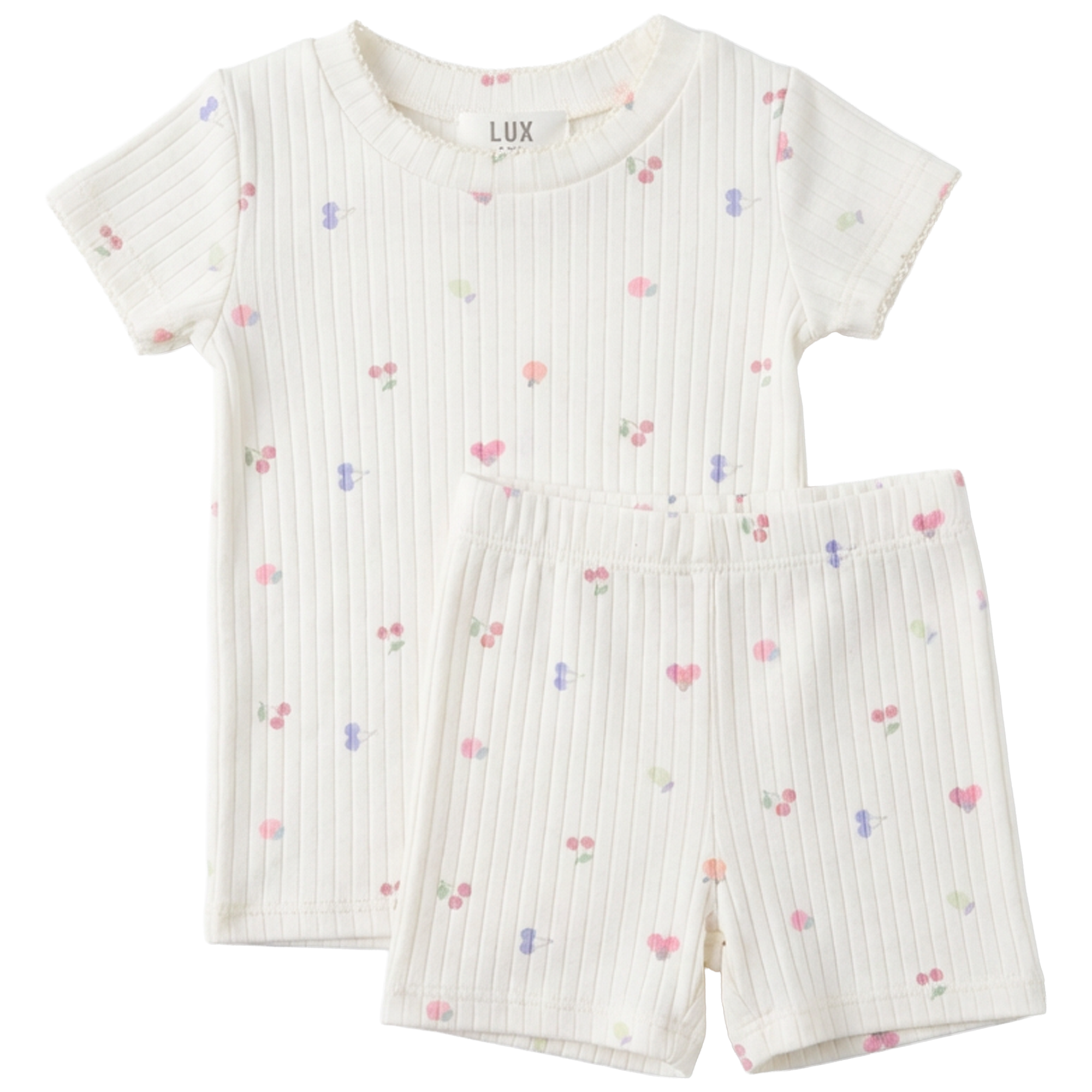 Fruit Print Pointelle Shorts Set in Off White Pink by Lux Baby