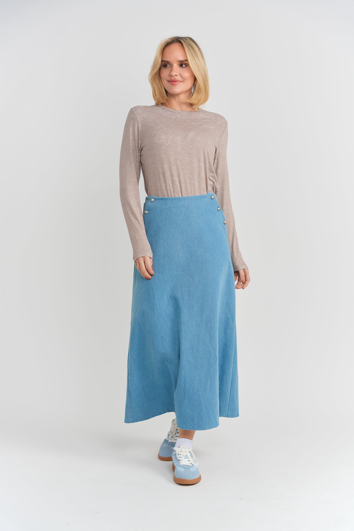 Denim Side Button Skirt in by Noni