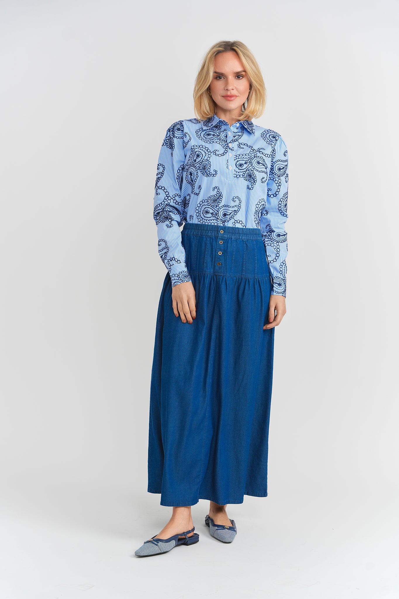 Button Denim Long Skirt in by Noni Daily