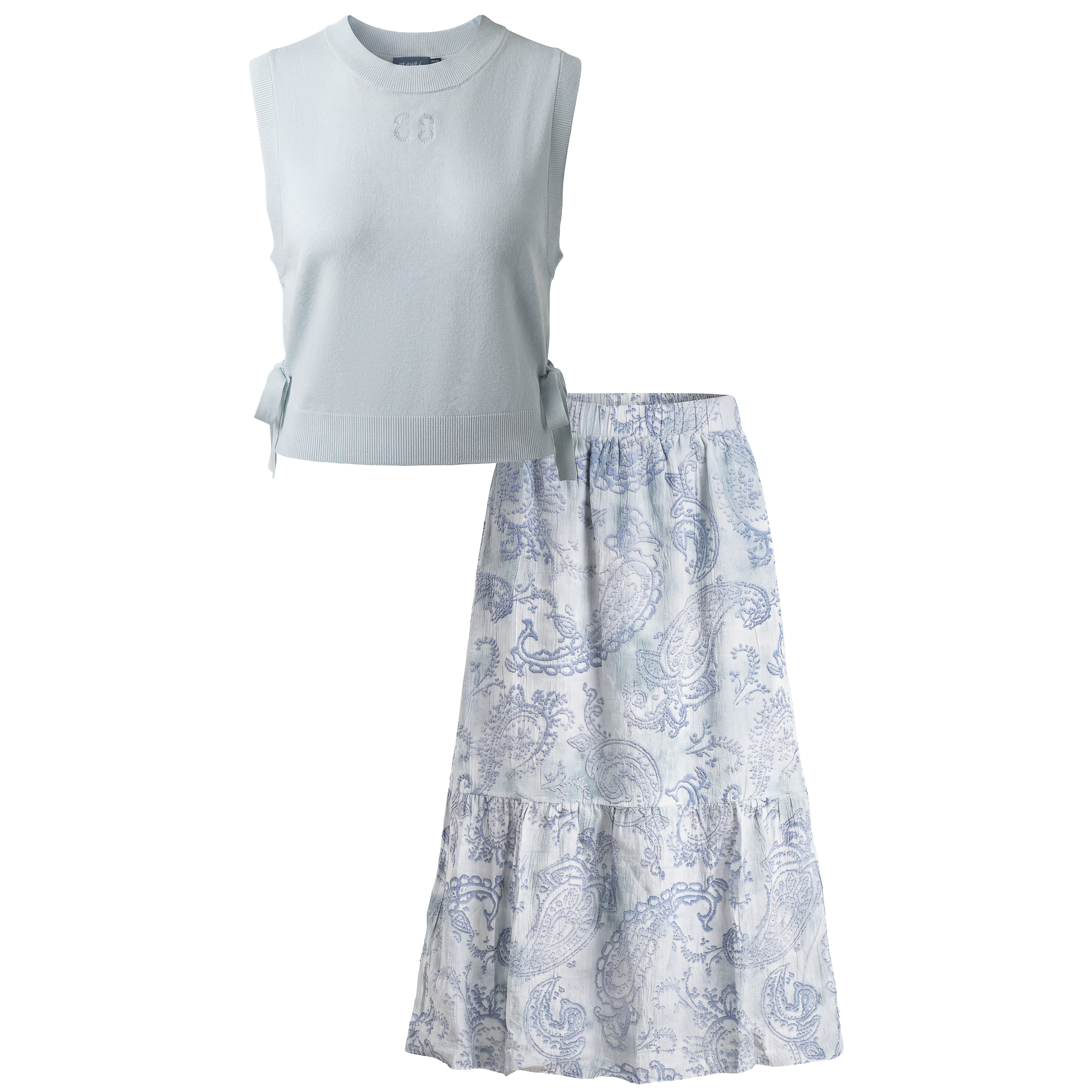Embroidered Vest and Floral Skirt Set in Blue by Noni