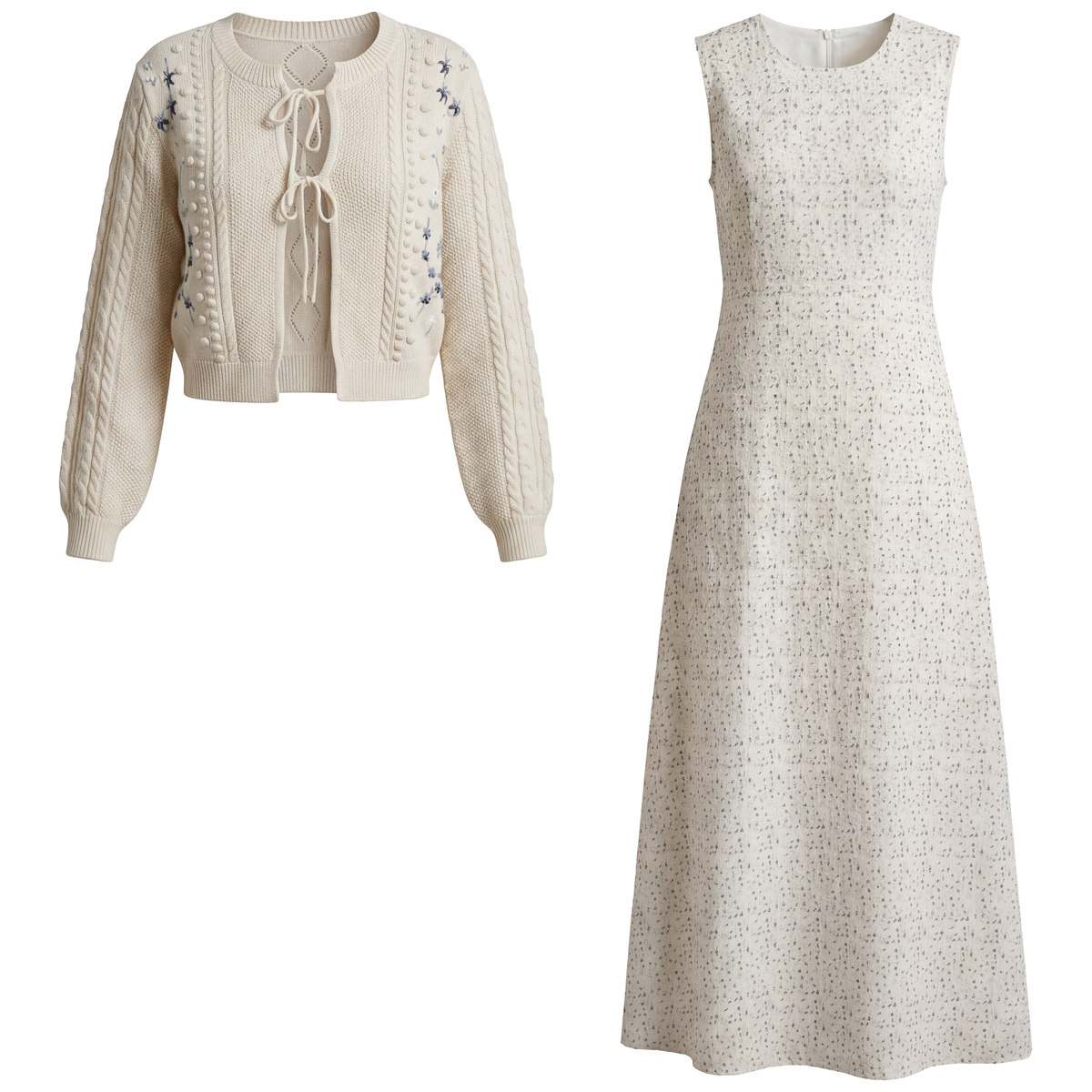 Eyelet Jumper Cardigan Set in Off White Blue by Noni