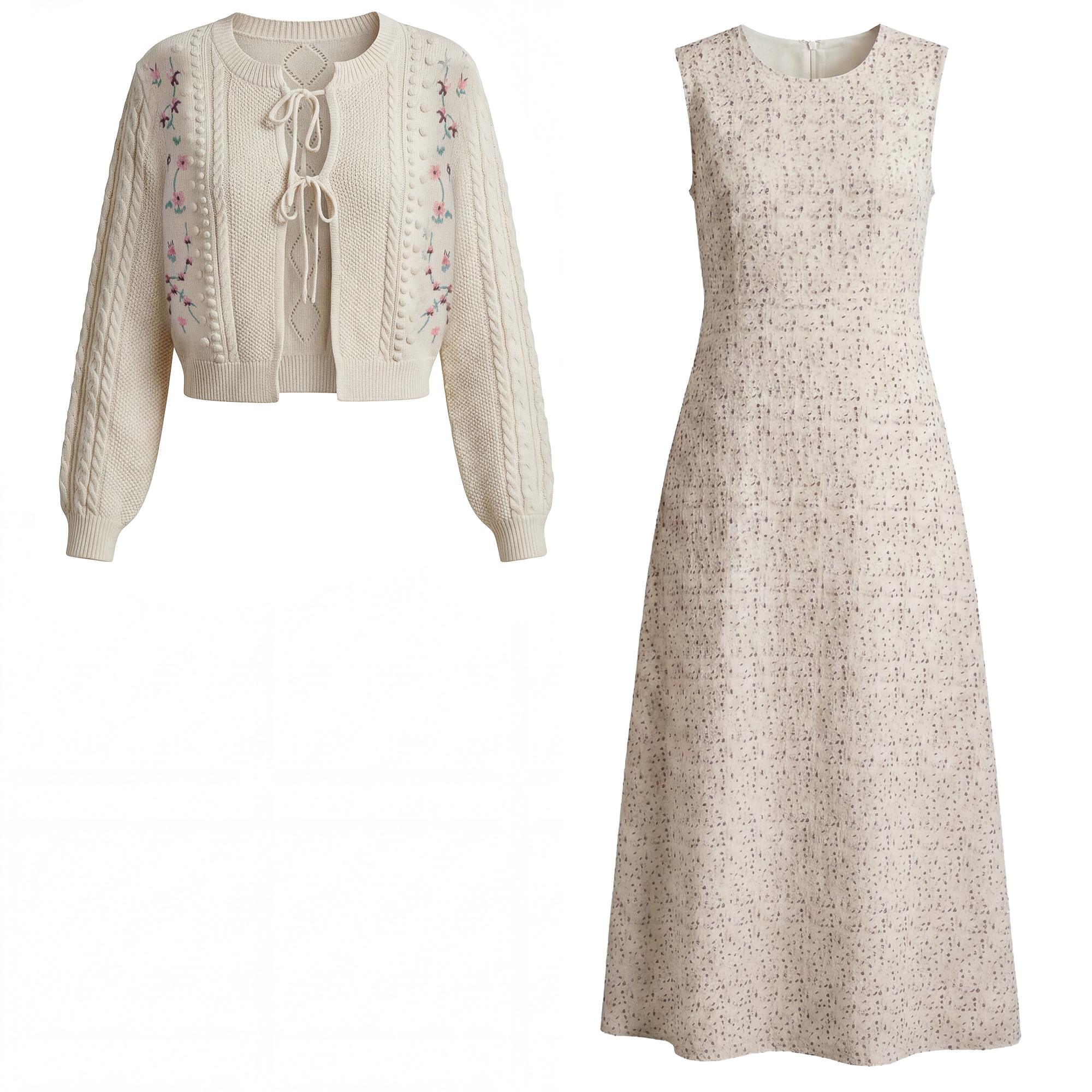 Eyelet Jumper Cardigan Set in Off White Pink by Noni