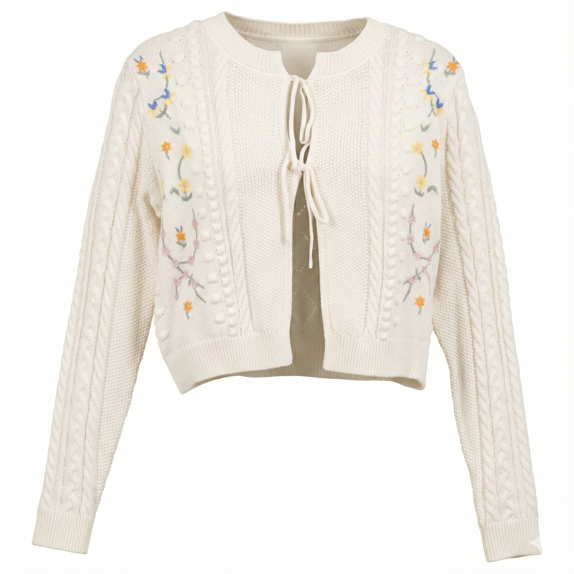 Floral Knit Open Cardigan in Off White by Noni