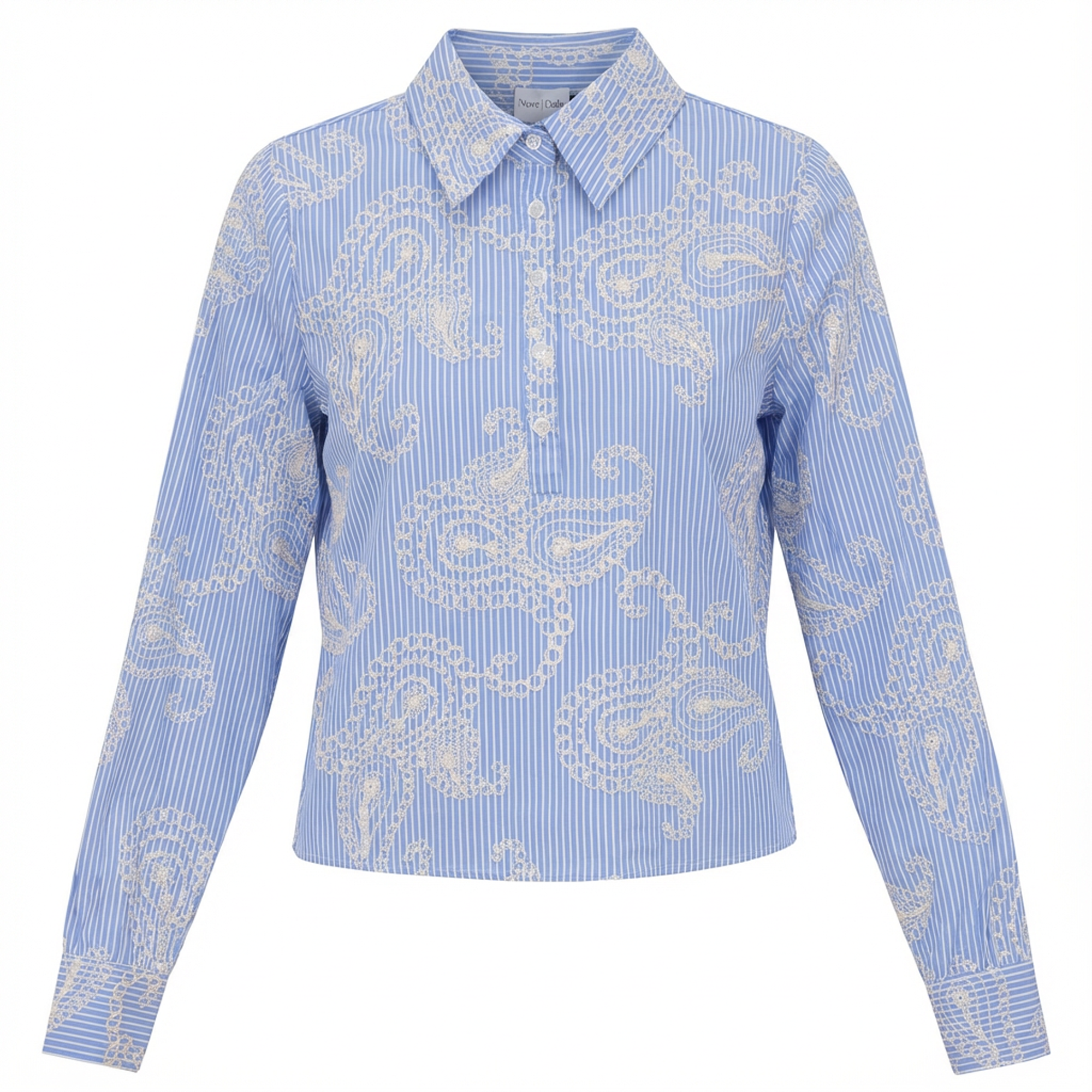 Embroidered Stripe Bubble Sleeve Blouse in Blue Cream by Noni Daily