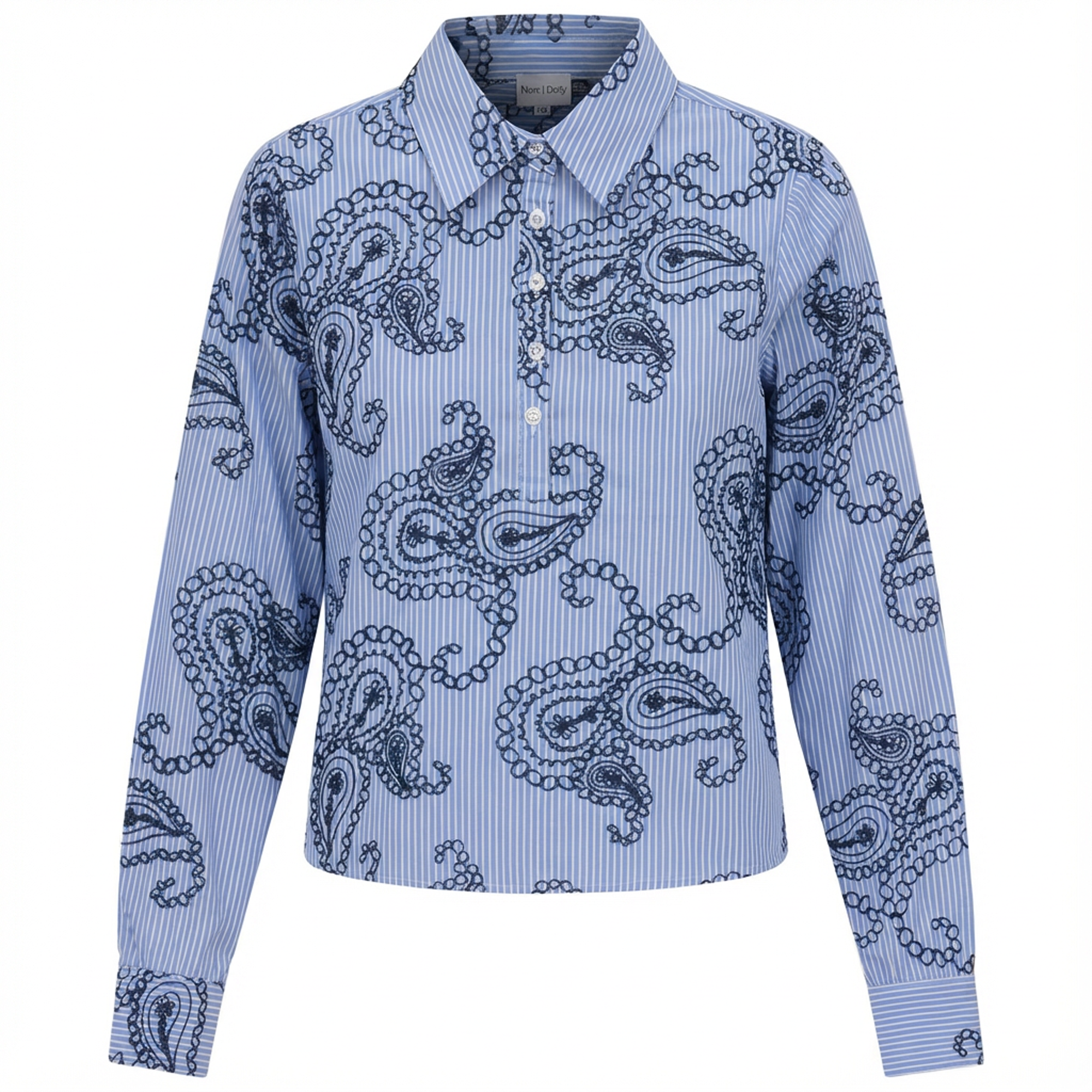 Embroidered Stripe Bubble Sleeve Blouse in Blue Navy by Noni Daily