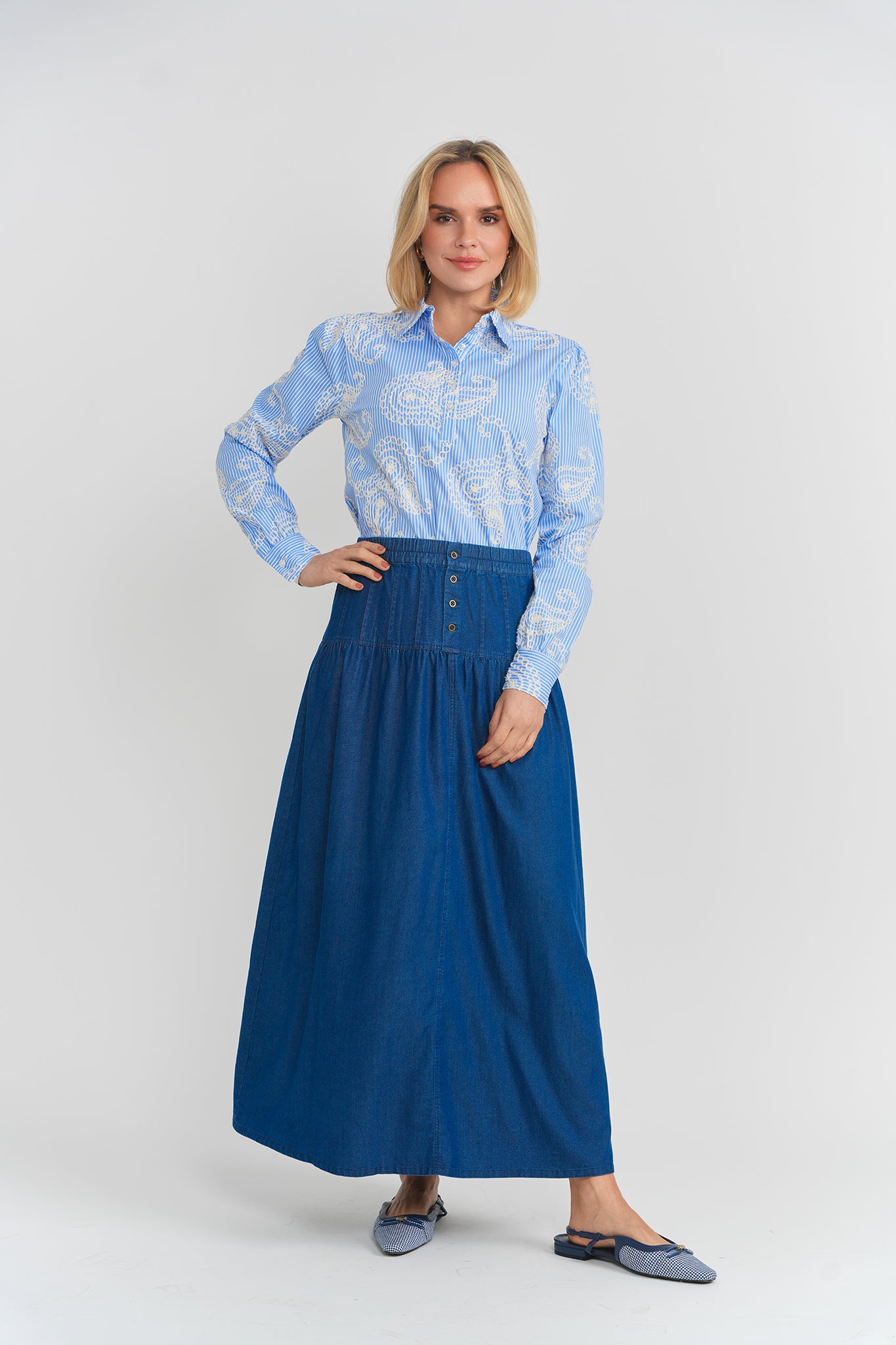 Embroidered Stripe Bubble Sleeve Blouse in by Noni Daily