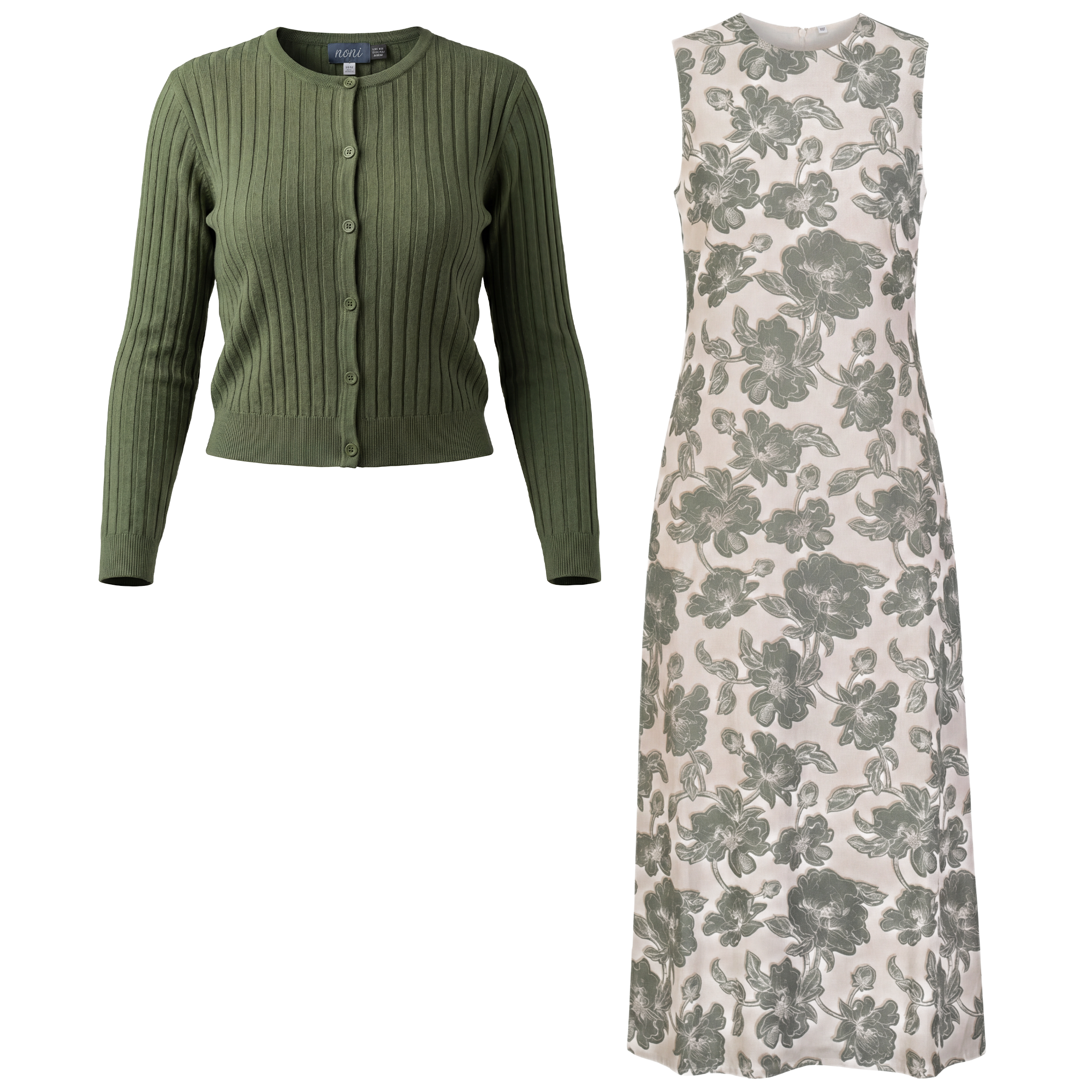 Printed Jumper Knit Cardigan Set in Green by Noni