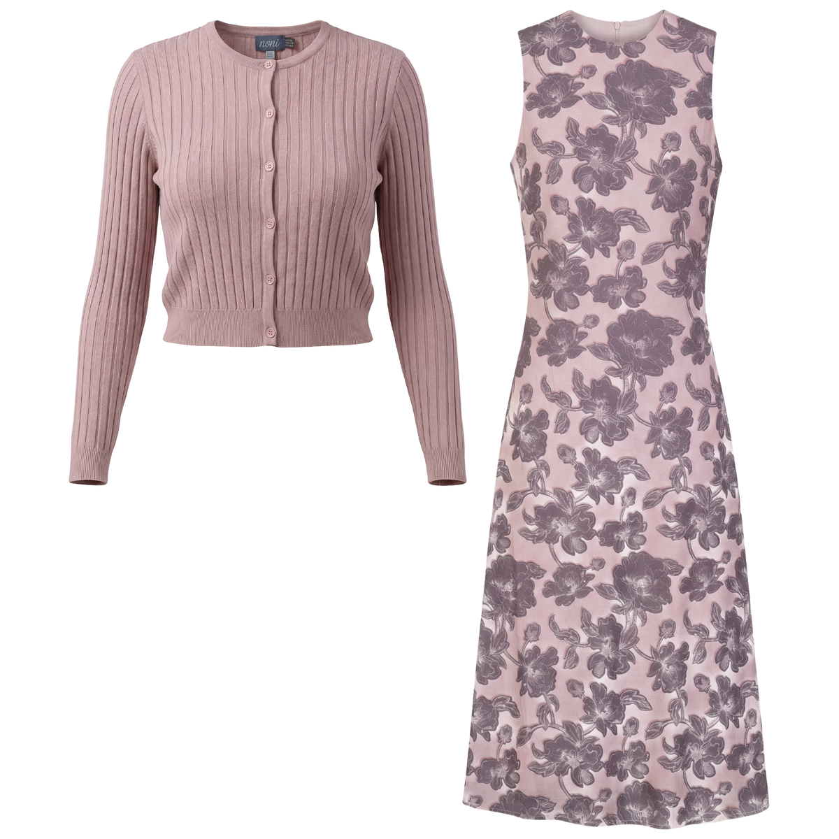 Printed Jumper Knit Cardigan Set in Mauve by Noni