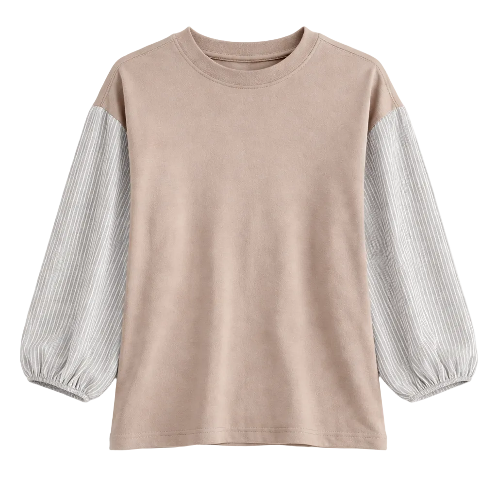Linen Striped Cotton Rib Tshirt in Beige by Noni Daily