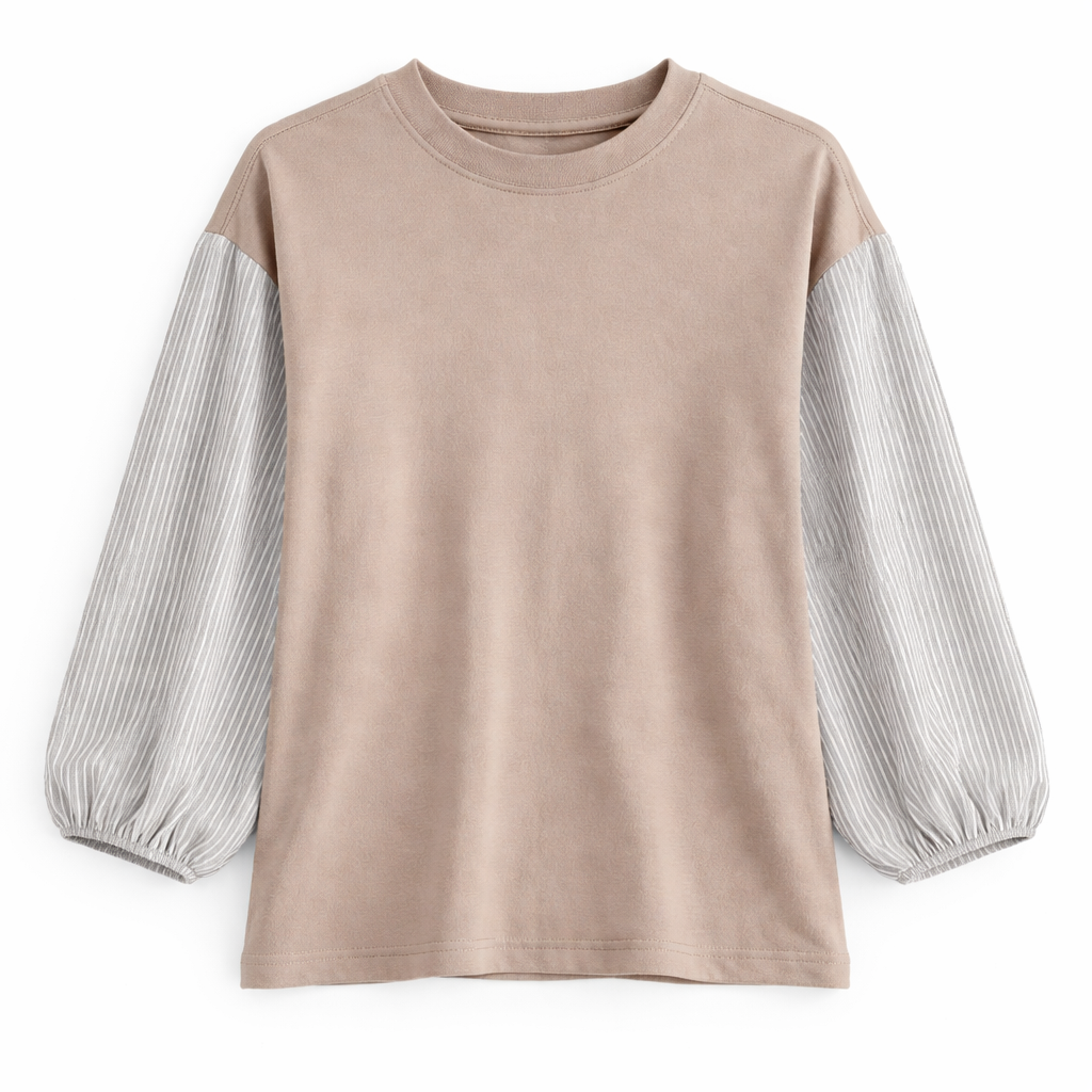 Linen Striped Cotton Rib Tshirt in Beige by Noni Daily