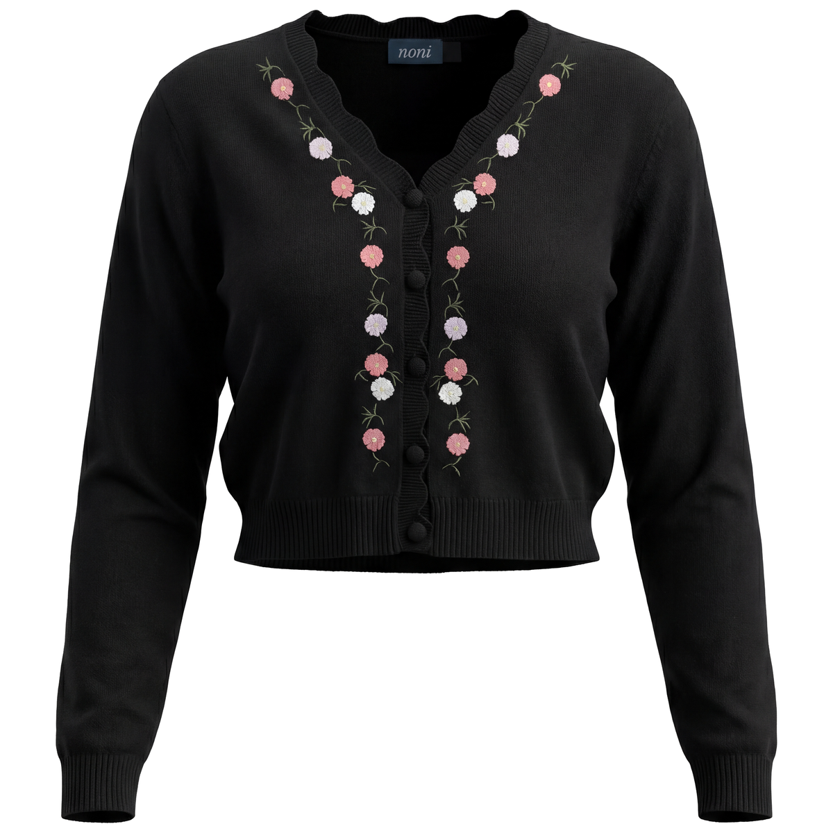 Floral Embroidered Knit Cardigan in Black by Noni