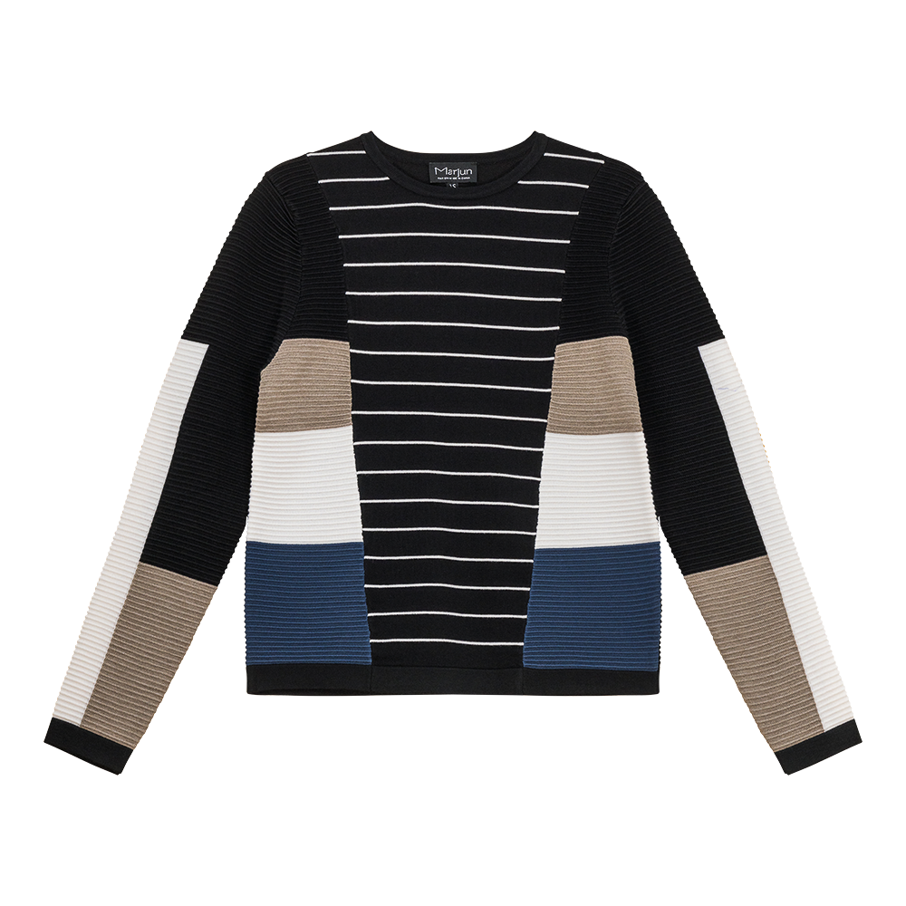Striped Color Blocked Knit Sweater in Black White Multi Color by Marjun