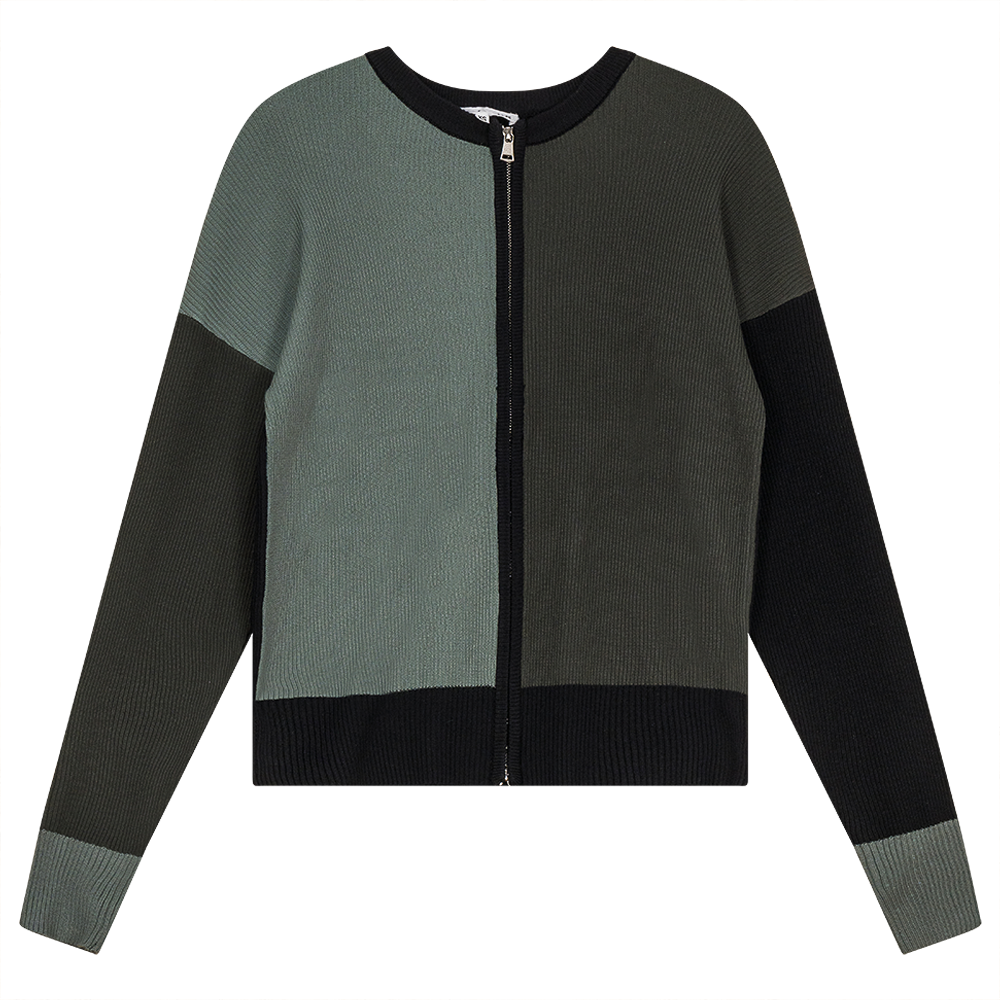 Color Block Double Zip Knit Cardigan in Dark Olive Light Basil Black by Birt UK