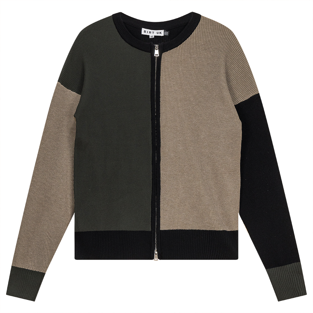 Color Block Double Zip Knit Cardigan in Stone Dark Olive Black by Birt UK