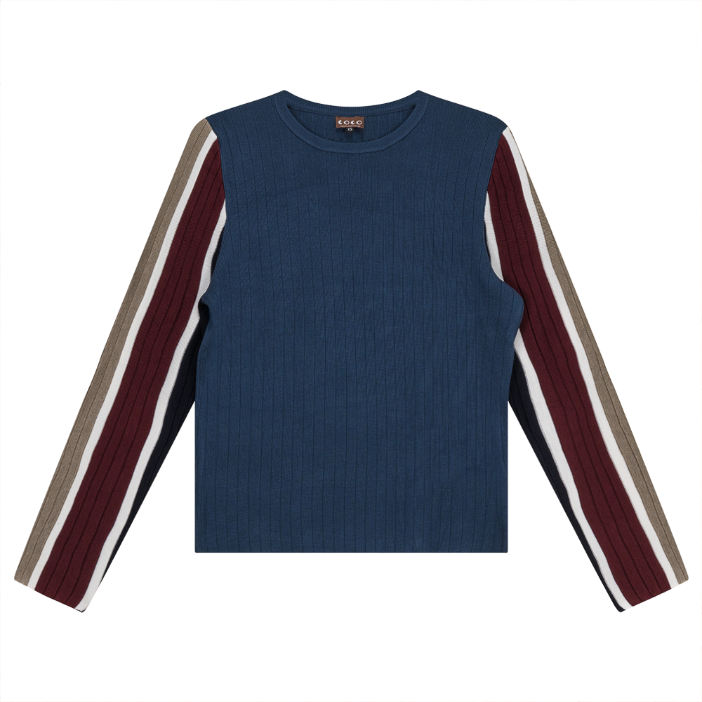 Ribbed Color Blocked Sleeve Knit Sweater in Dark Denim by Coco