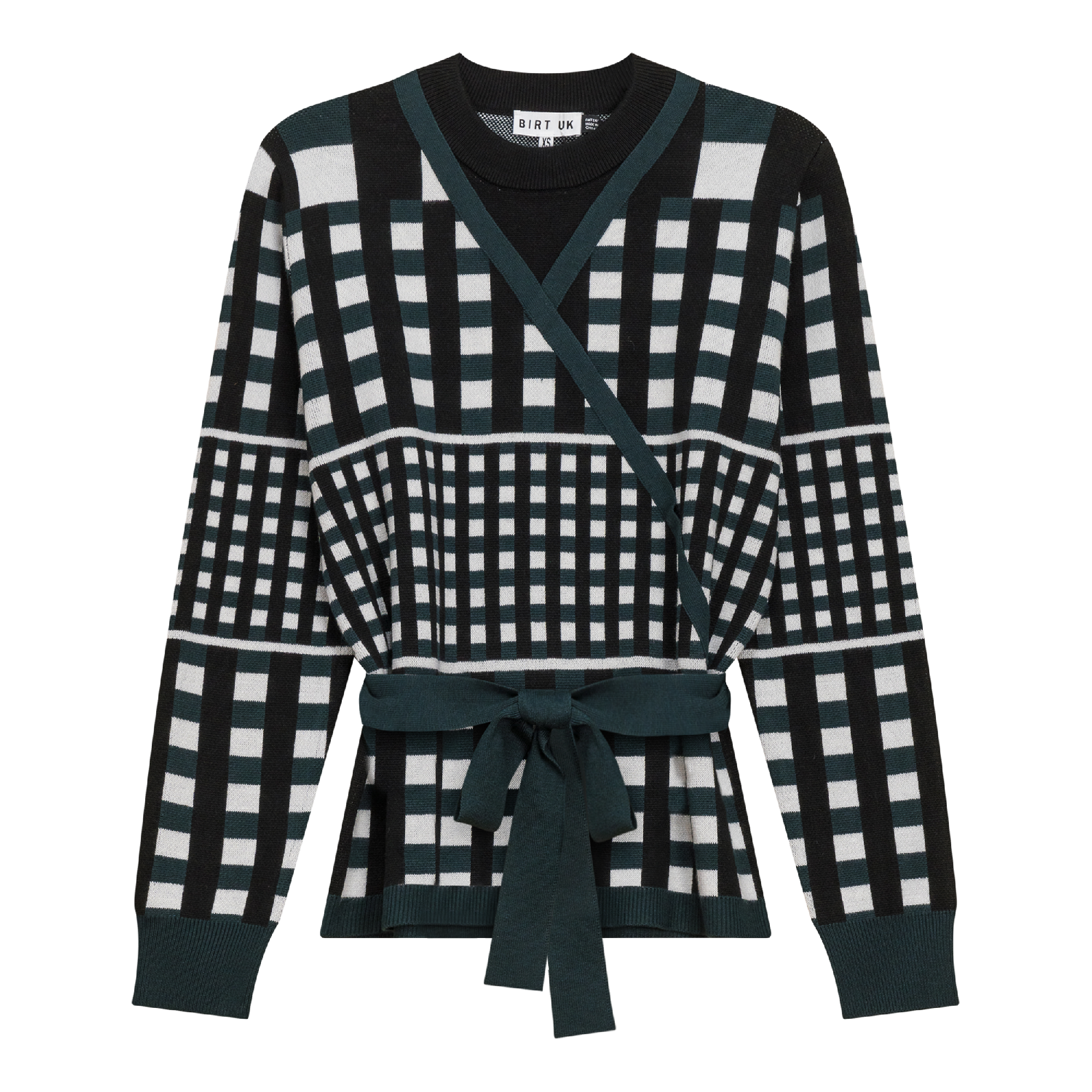 Checker Wrap Knit Mock Neck Sweater in Black Deep Teal by Birt UK