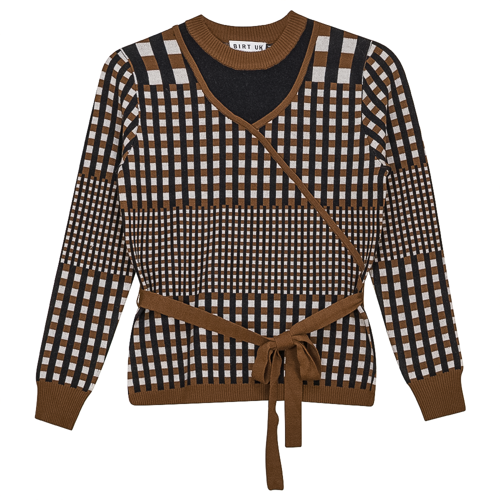 Checker Wrap Knit Mock Neck Sweater in Black Taupe by Birt UK