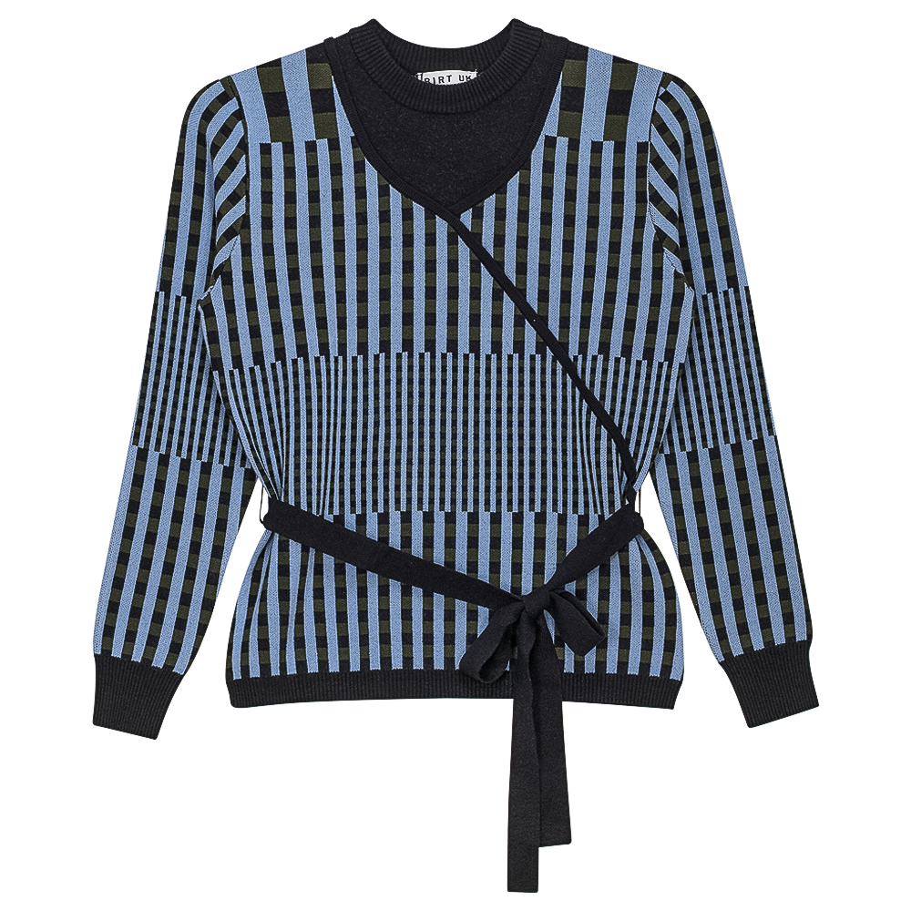 Checker Wrap Knit Mock Neck Sweater in Dusty Blue Black by Birt UK