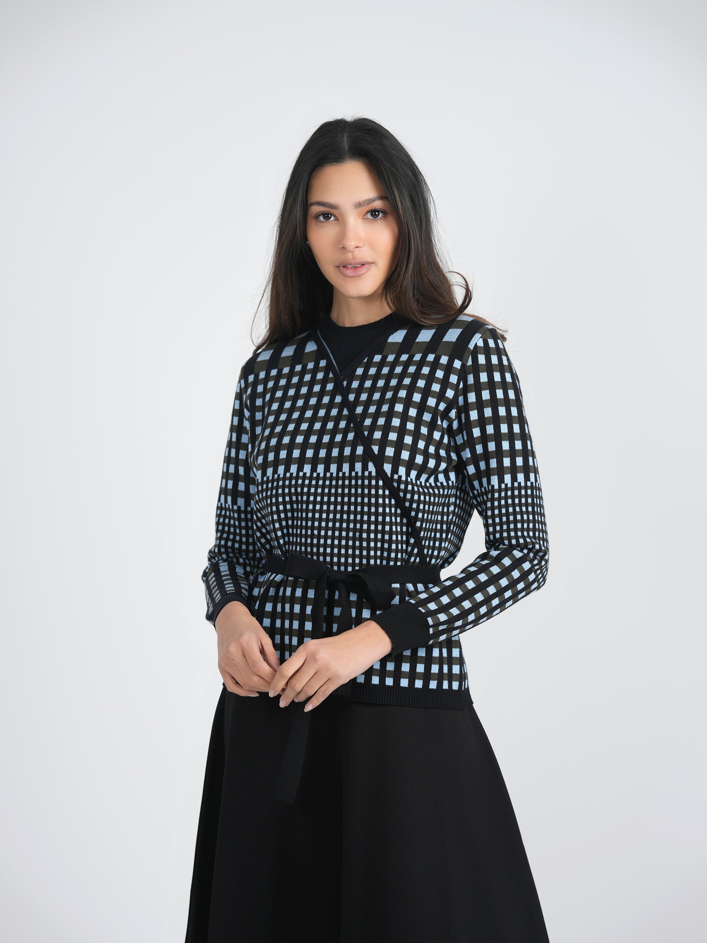 Checker Wrap Knit Mock Neck Sweater in by Birt UK