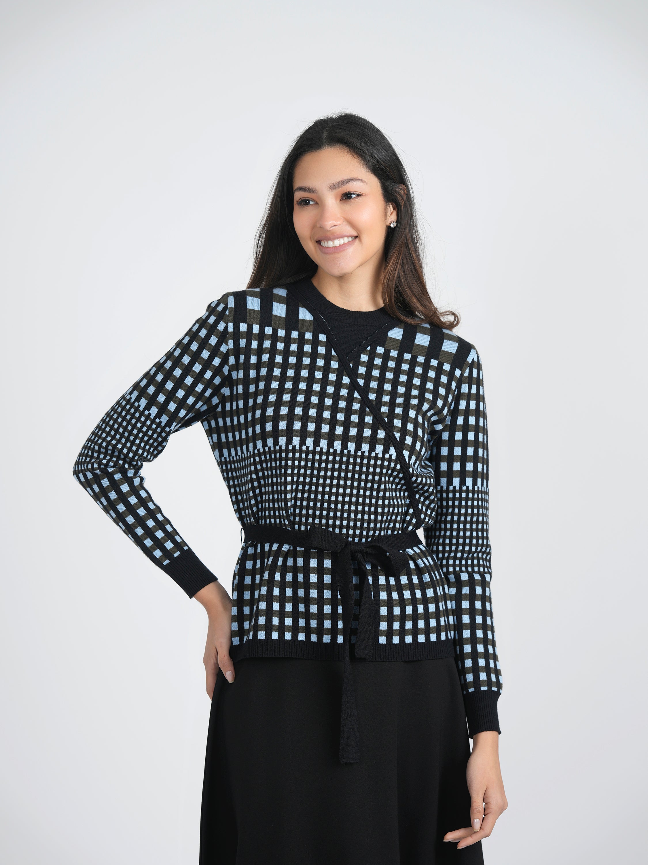 Checker Wrap Knit Mock Neck Sweater in by Birt UK