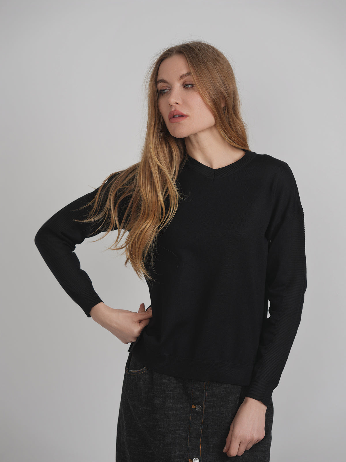 Pull combiné côtelé à col en V fermé