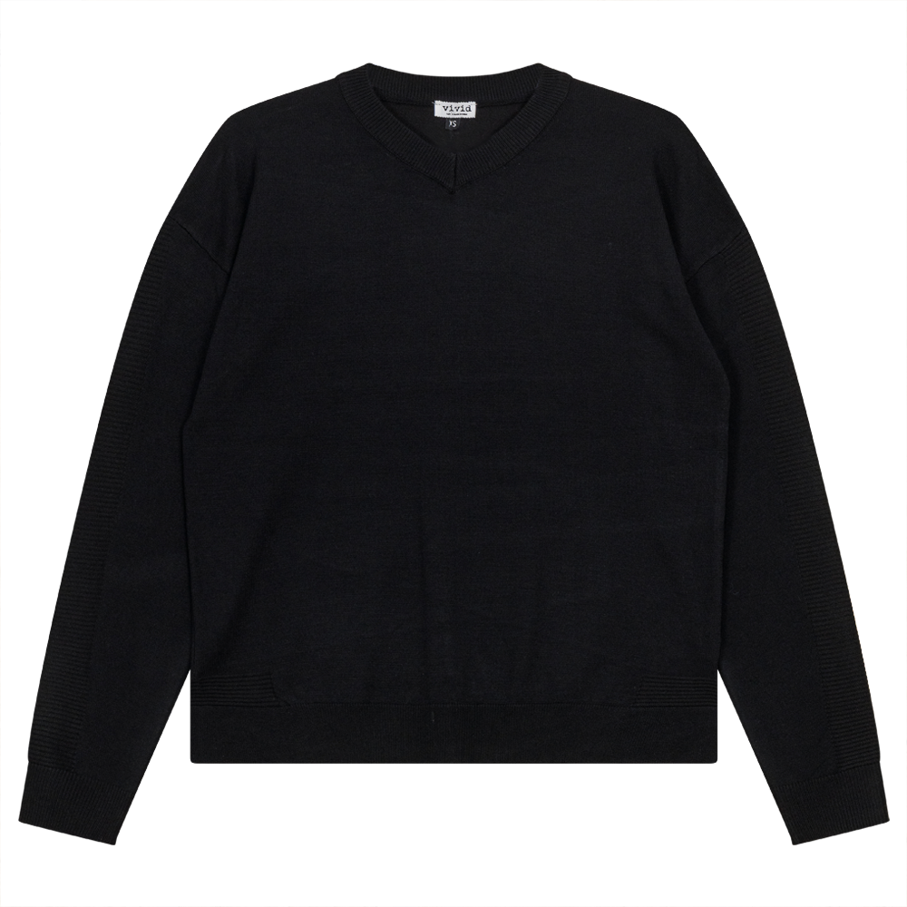 Closed V-Neck Rib Combo Sweater in Black by Vivid