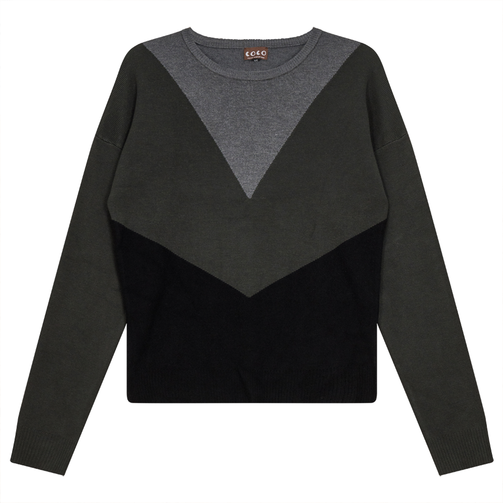 V-Shaped Color Blocked Sweater in Black Dark Olive by Coco